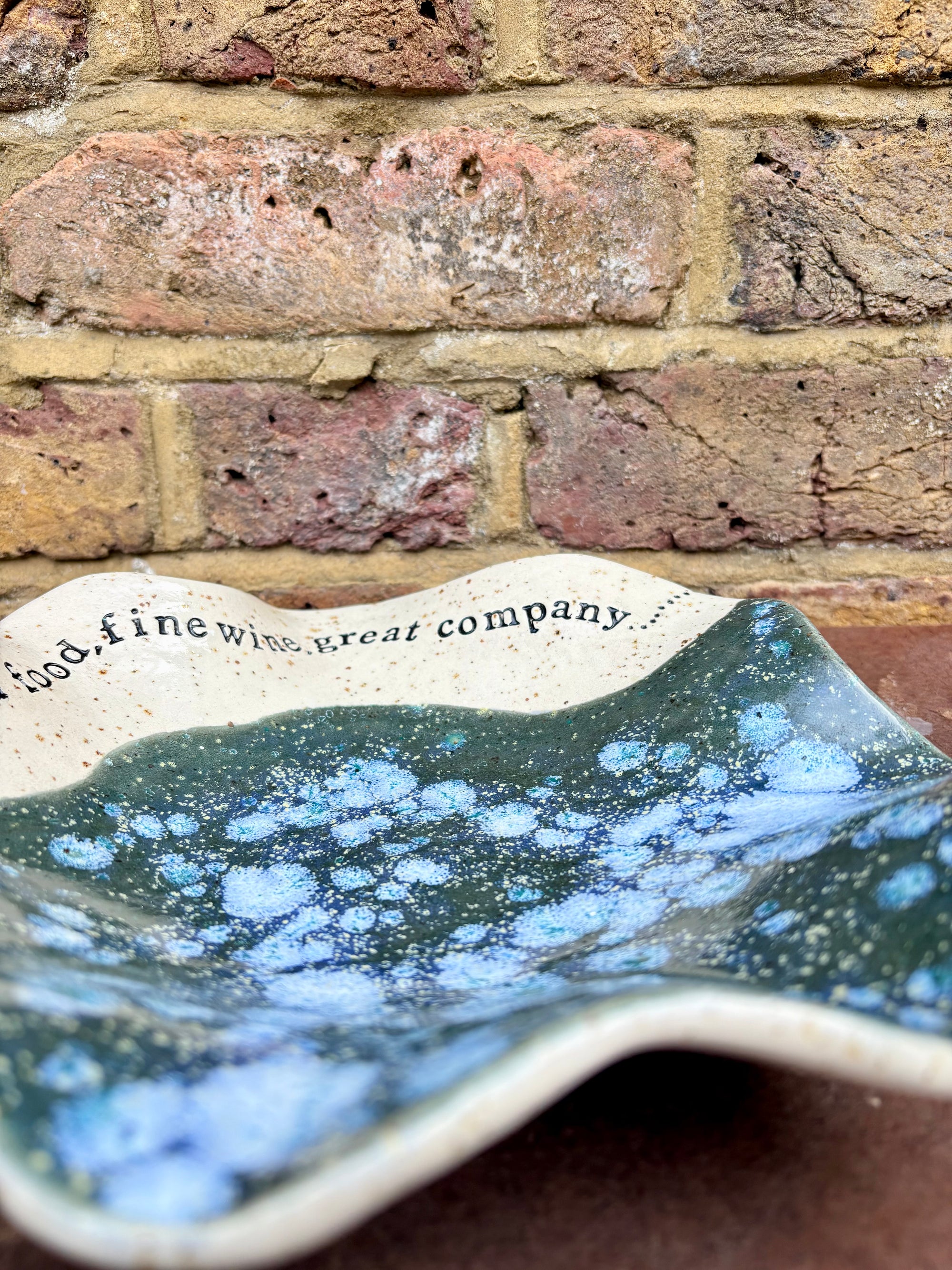 "good food, fine wine, great company..." salad/serving dish (teal green diffusion)