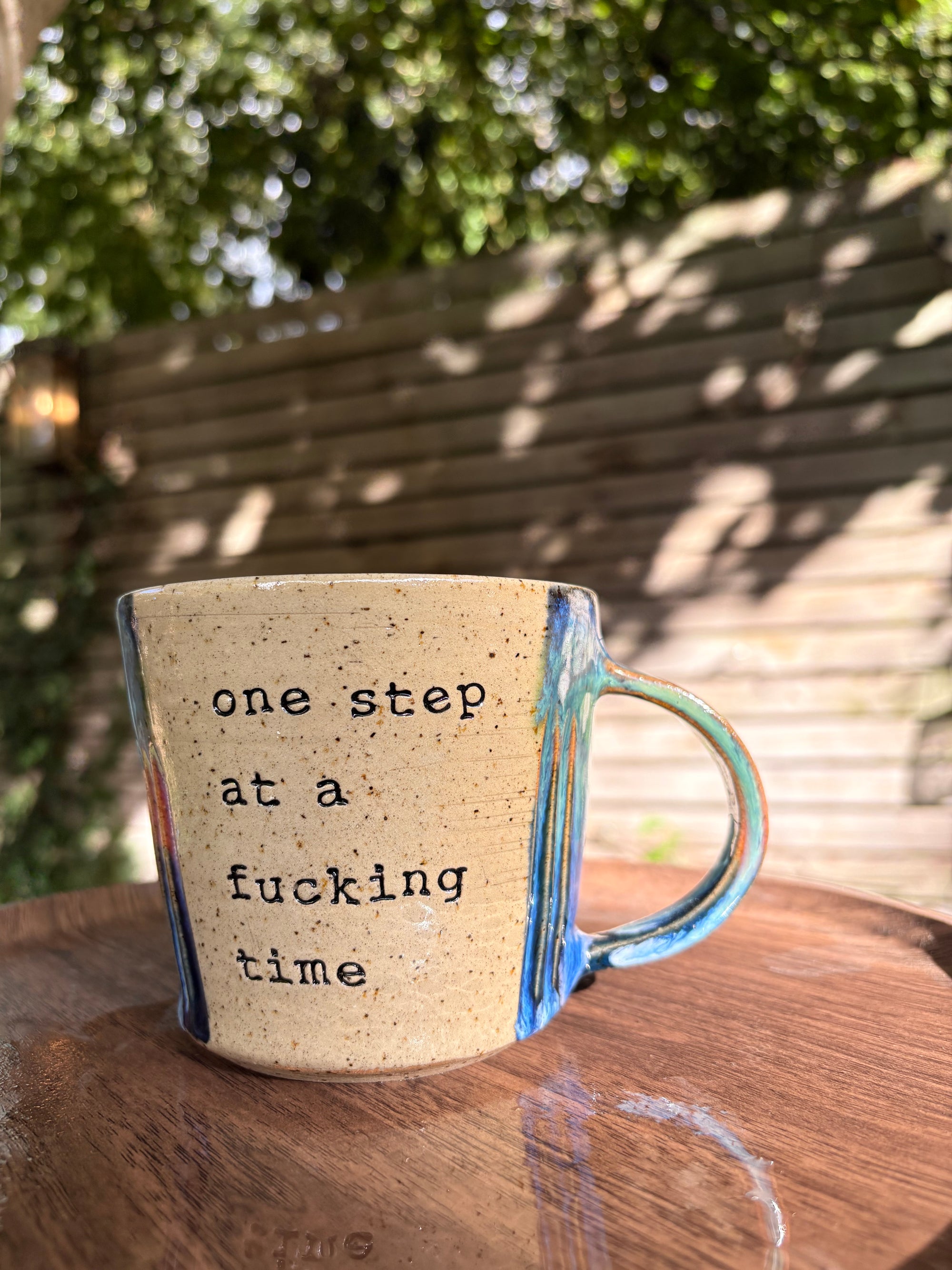 “one step at a fucking time" mug