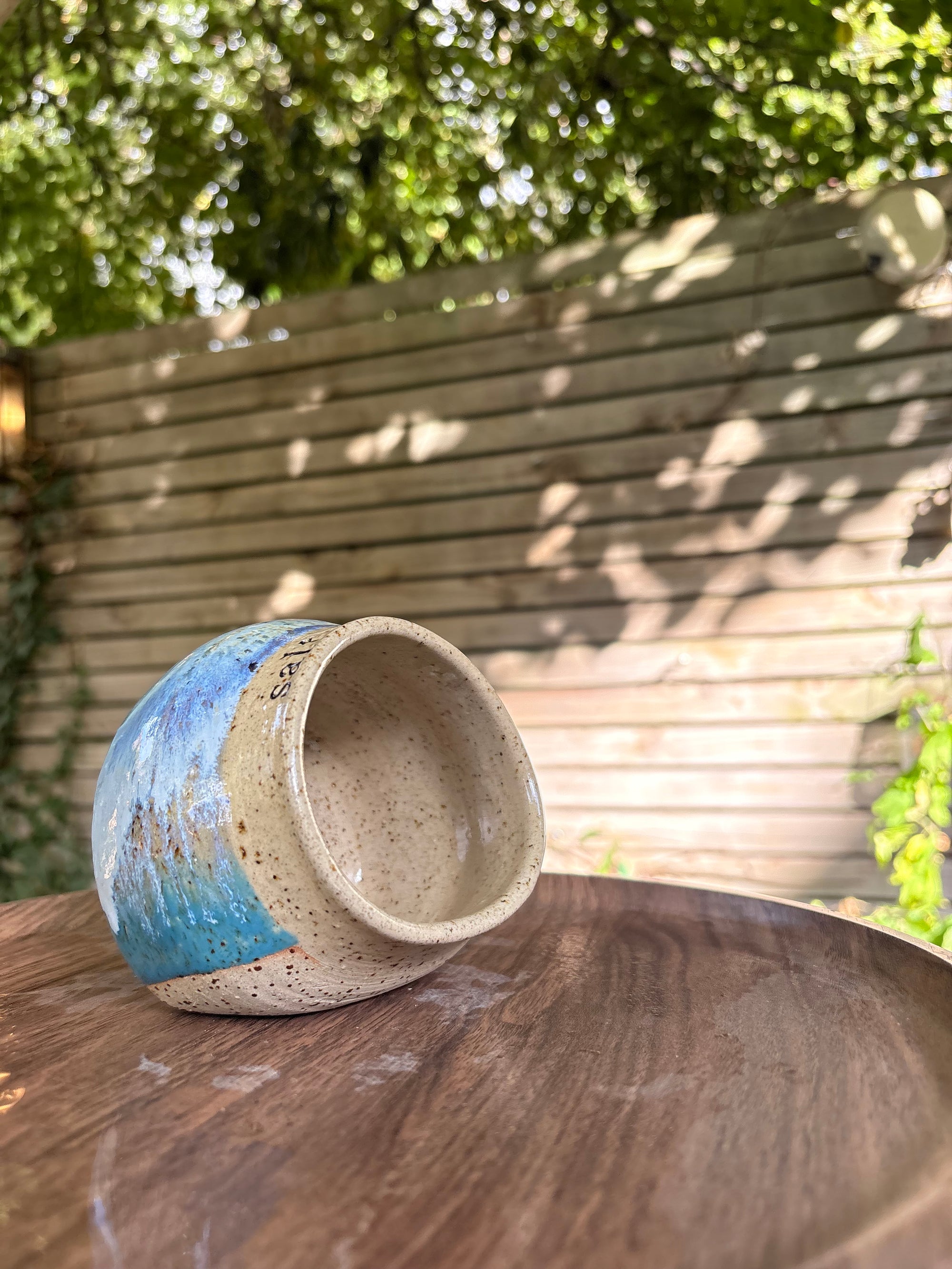 "salty  bitch" salt pig (L, blues, flecked clay)