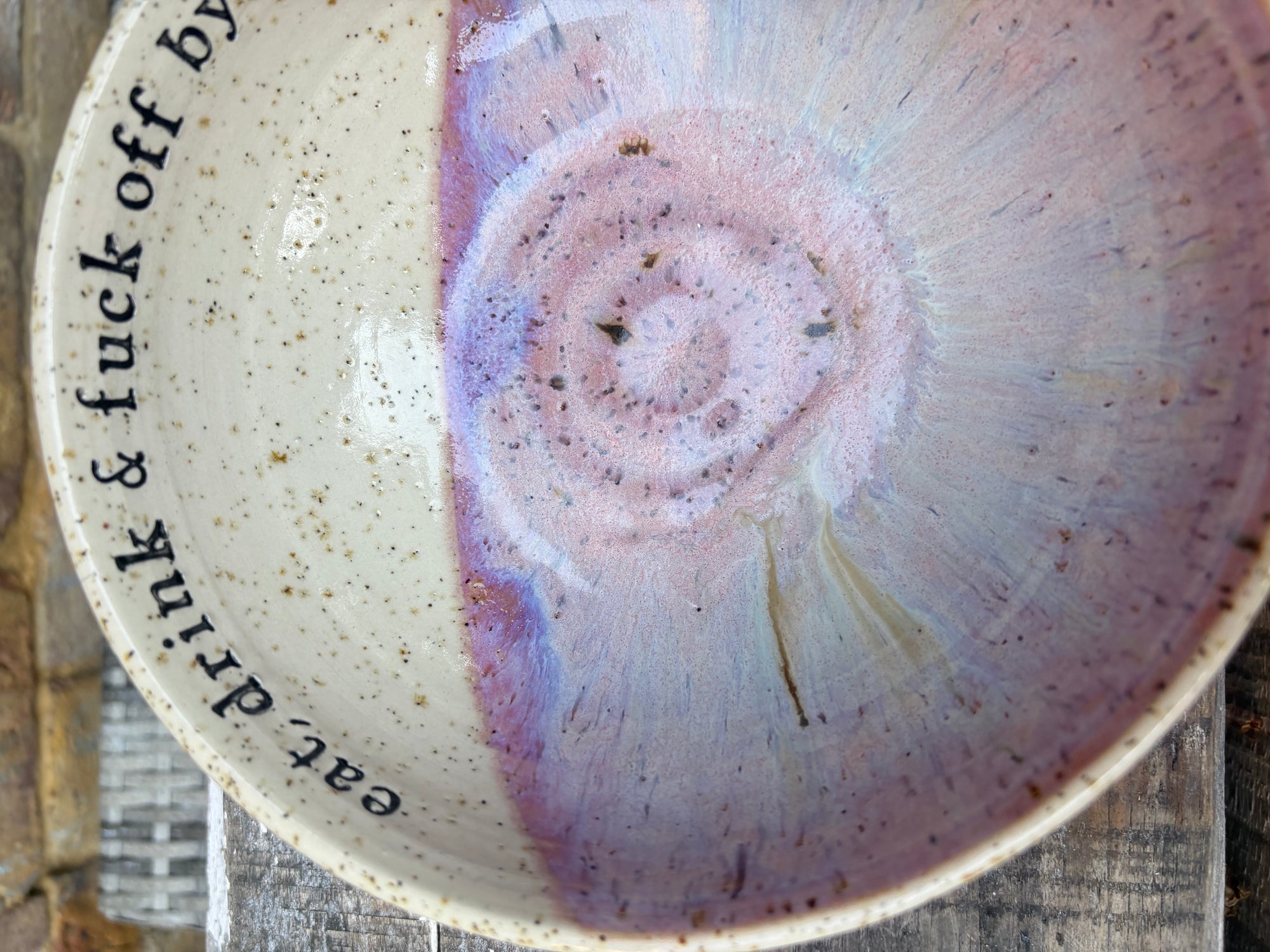 “eat, drink and fuck off by 9pm"  deep round salad/pasta bowl (lilac, flecked clay)