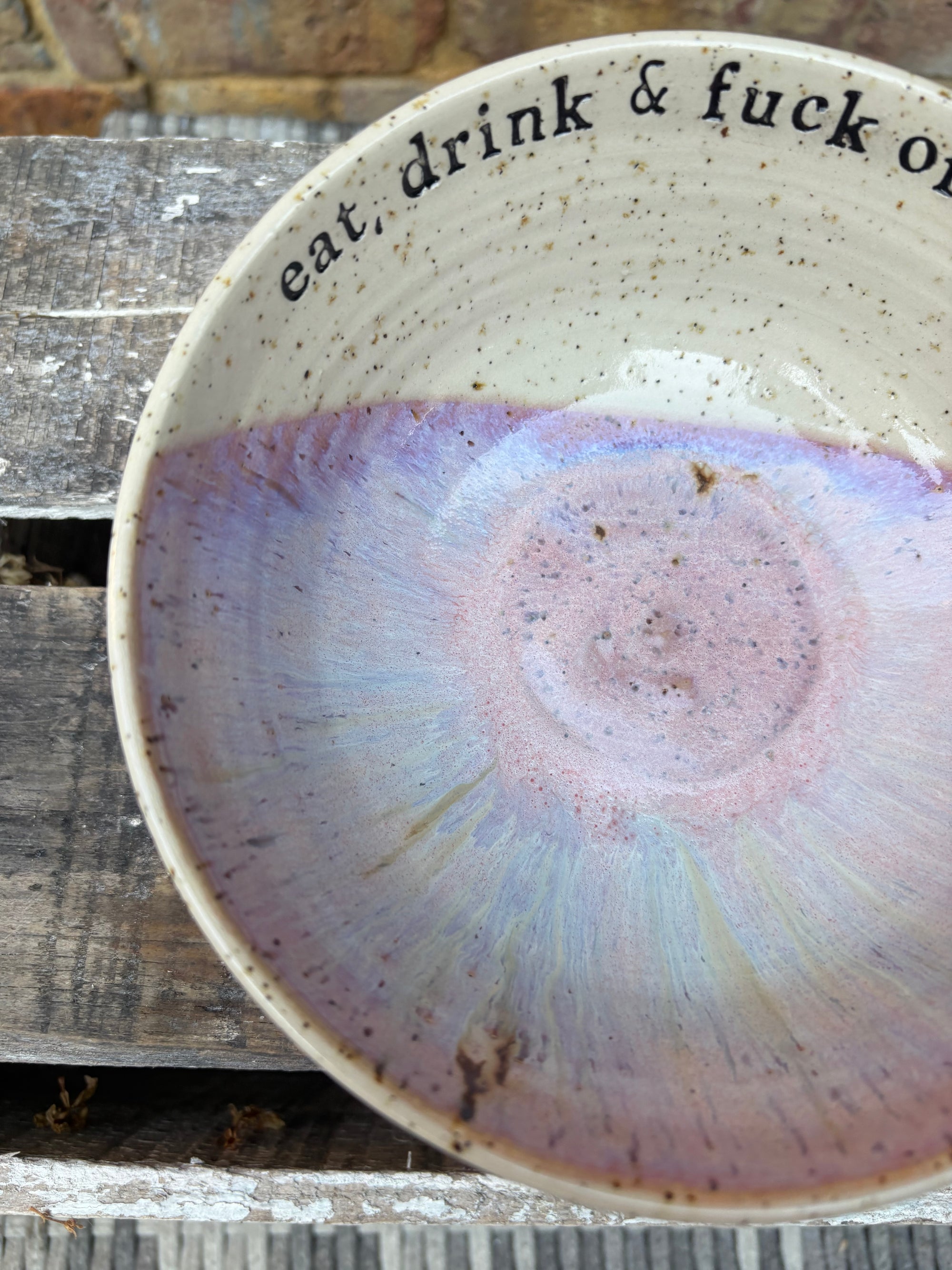 “eat, drink and fuck off by 9pm"  deep round salad/pasta bowl (lilac, flecked clay)