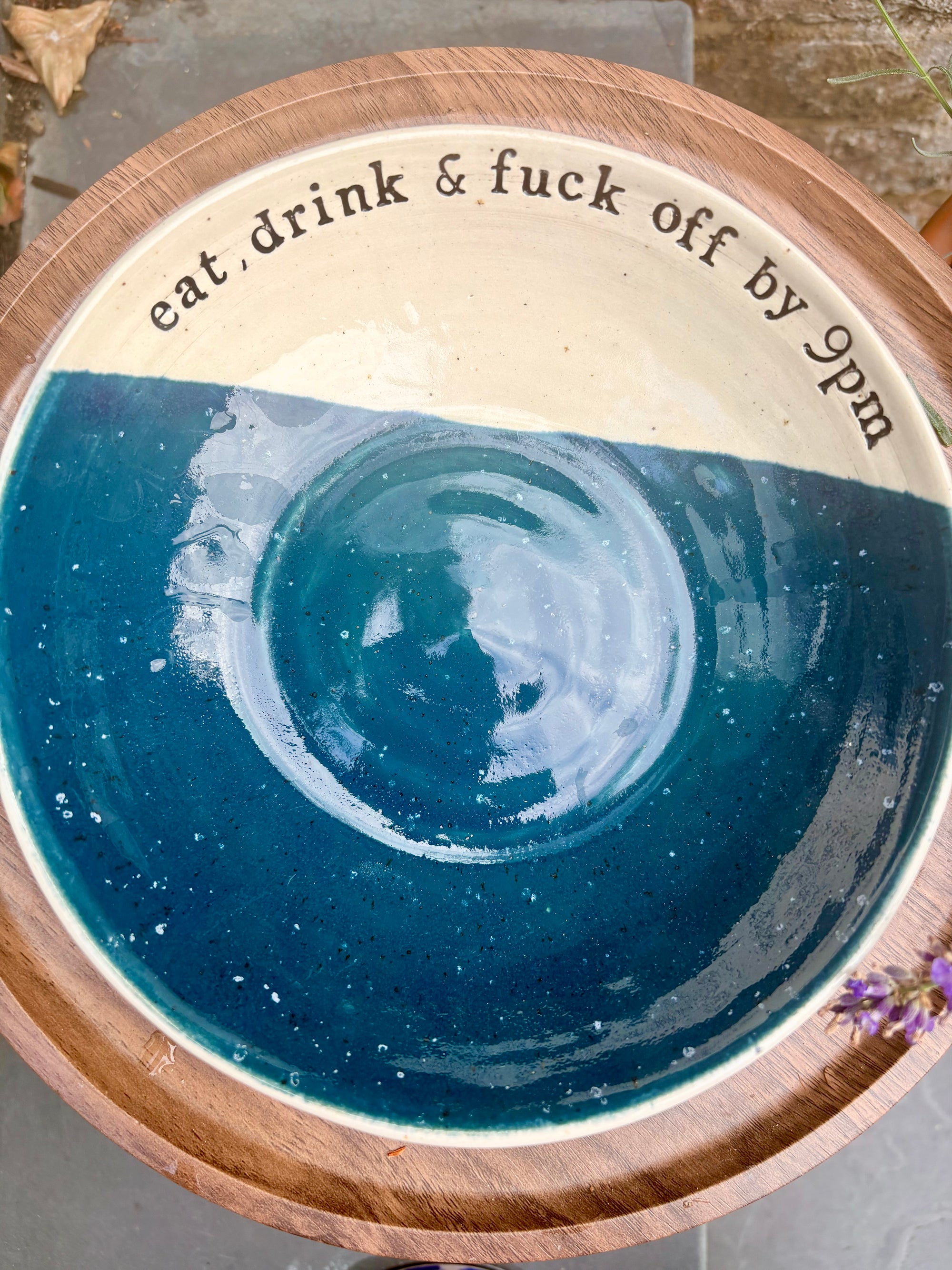“eat, drink and fuck off by 9pm" round cereal/pasta bowl (sea green speckle, cream clay)