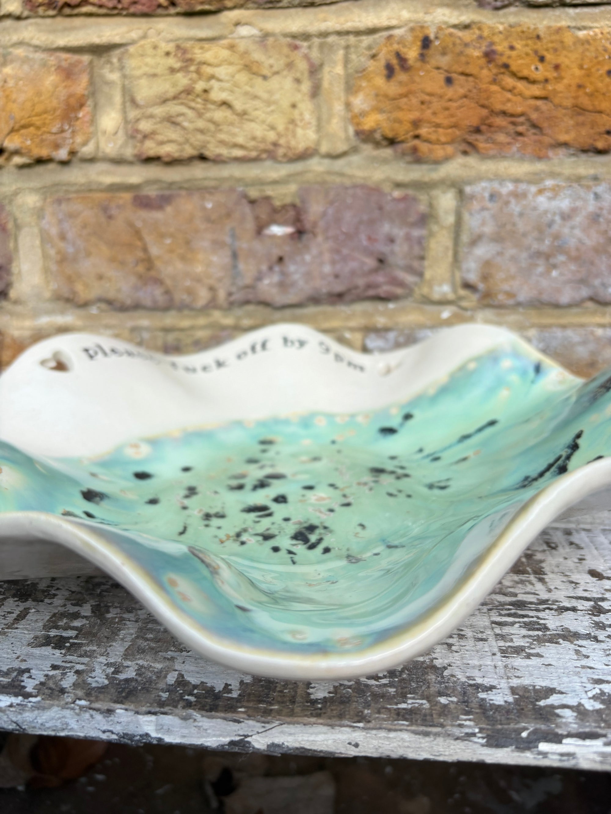 "good food, fine wine, great company..." salad/serving dish (creamy mint green)
