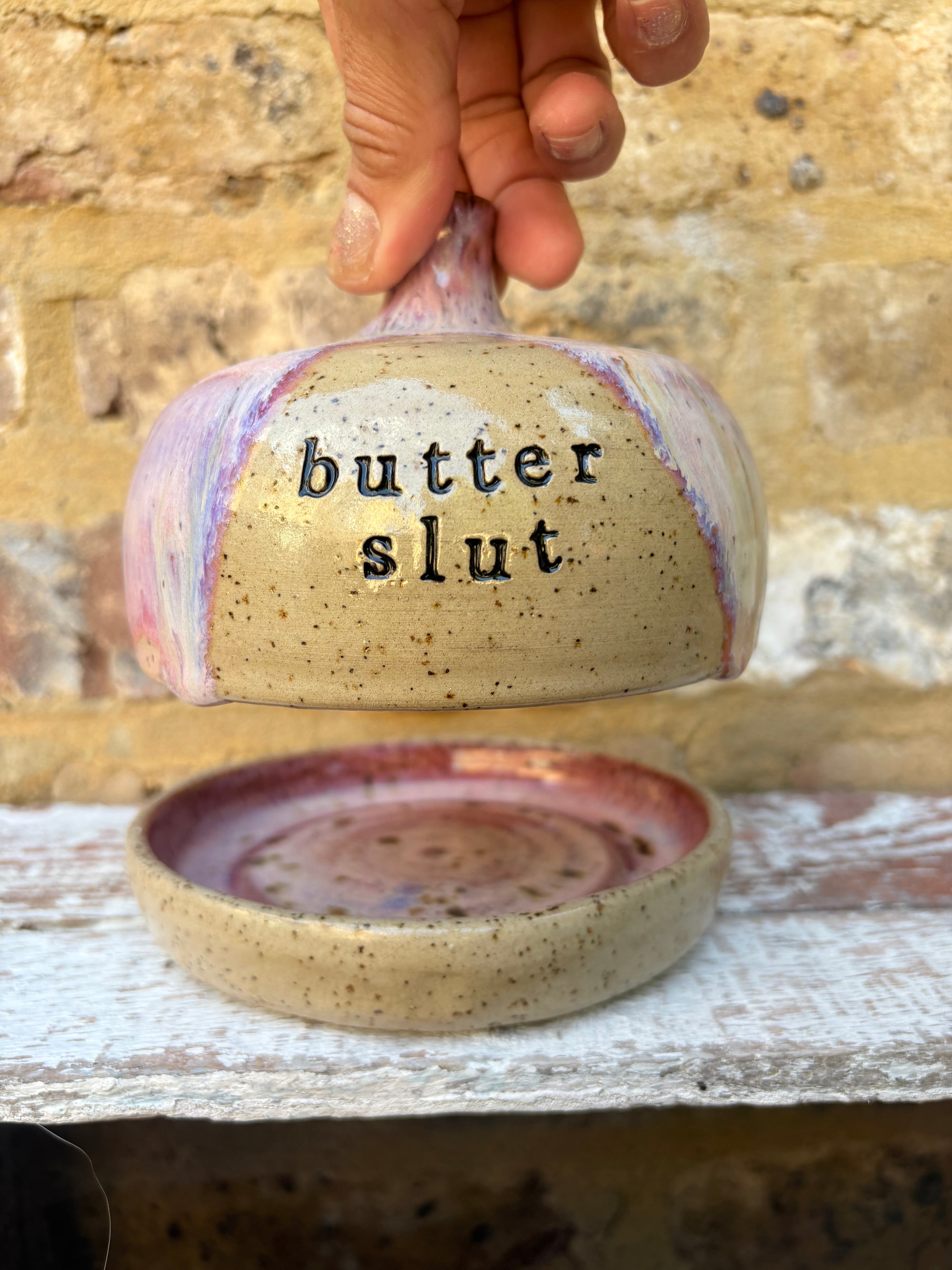 Butter Dish (butter slut, pink wood, flecked clay, knob)
