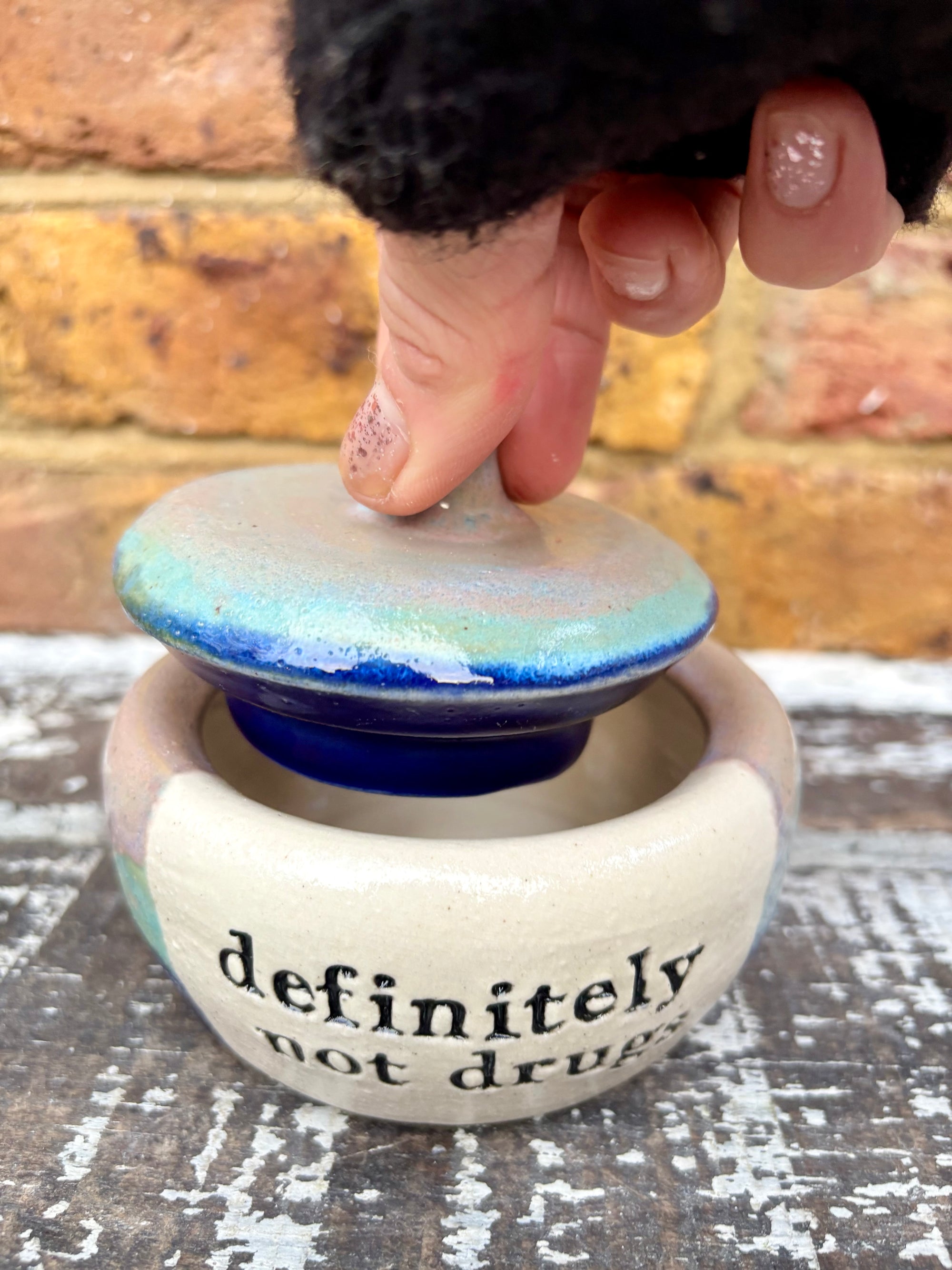 "definitely not drugs" lidded pot (blue night sky)