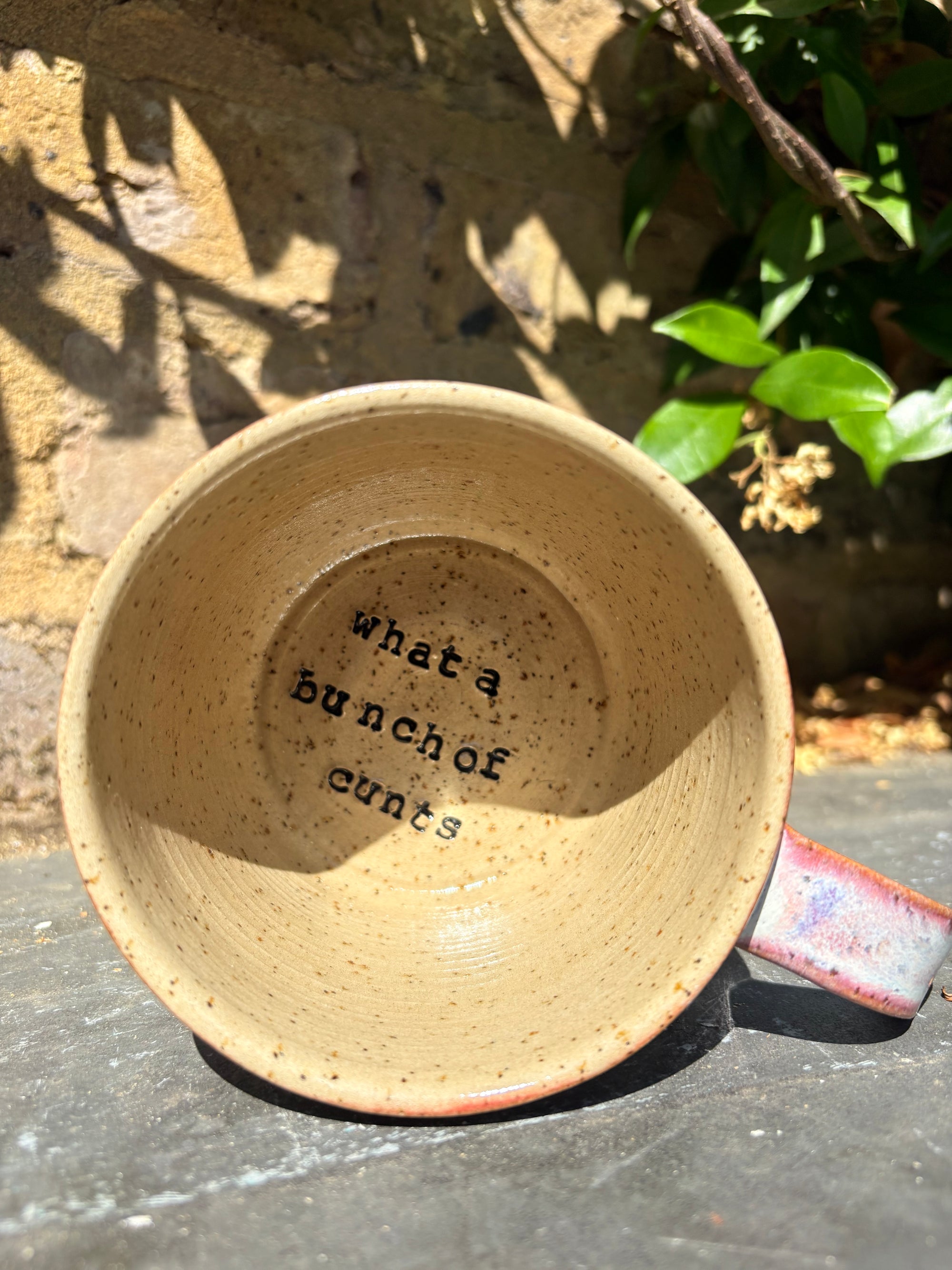 "really happy to be here” "what a bunch of cunts" mug (pink/blue grooves, 350ml)