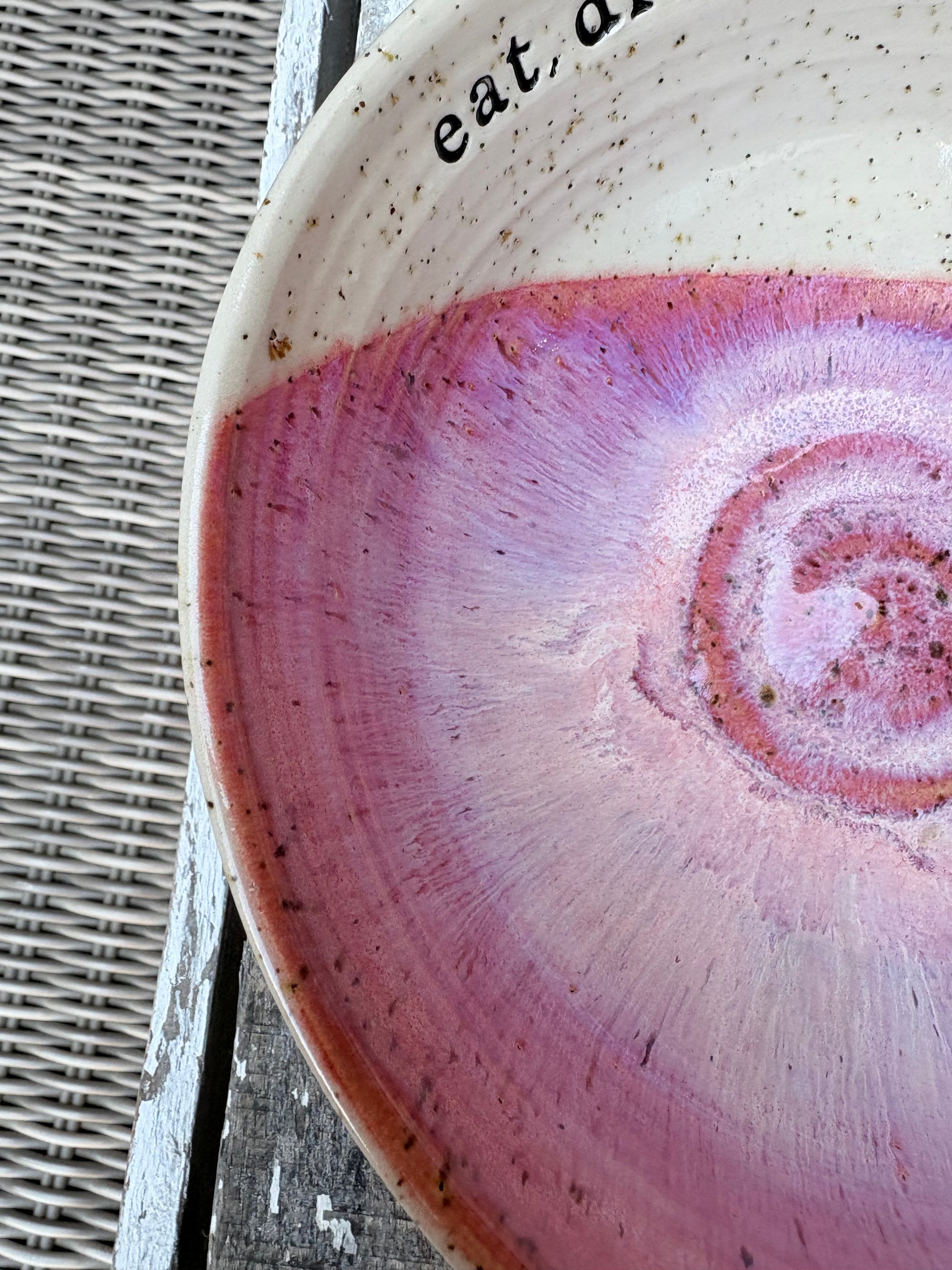 “eat, drink and fuck off by 9pm"  deep round salad/pasta bowl (lilac/pink, flecked clay)