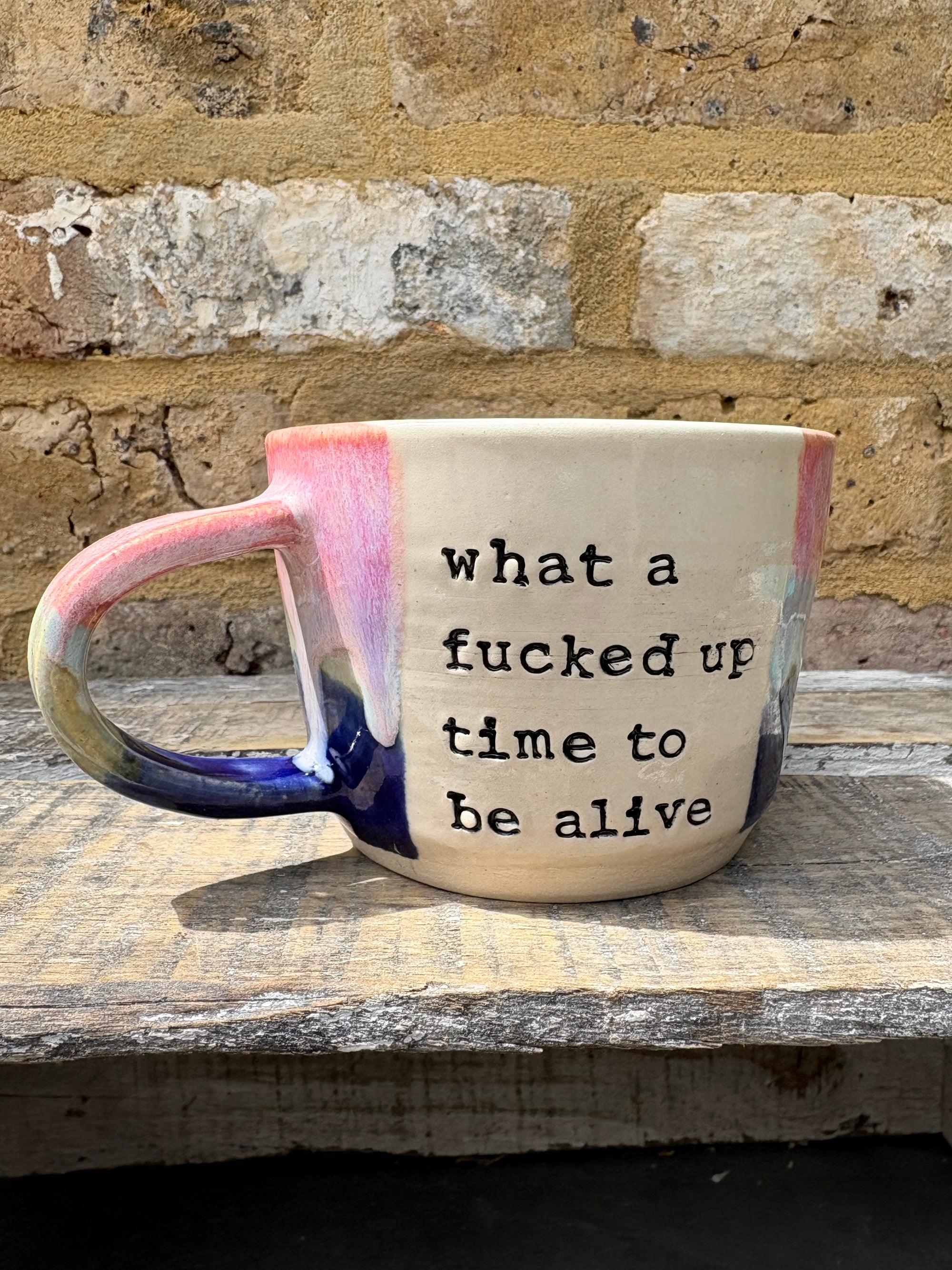 “what a fucked up time to be alive" mug (pink night sky)