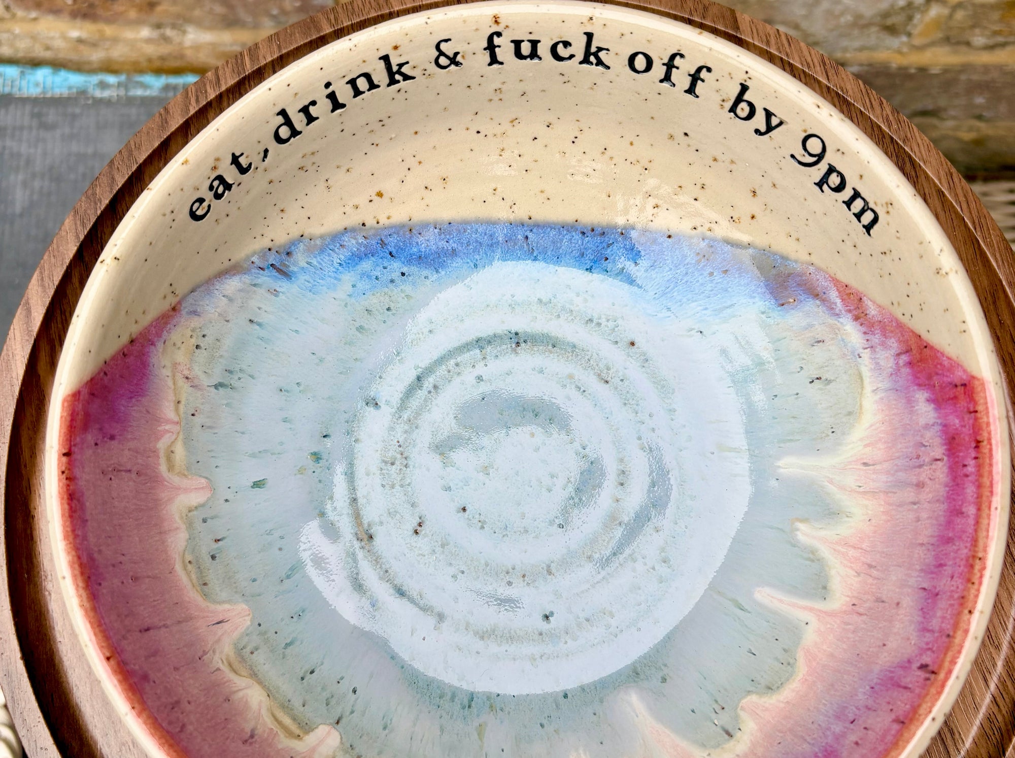 “eat, drink and fuck off by 9pm" round salad/pasta bowl (pastels, flecked clay)