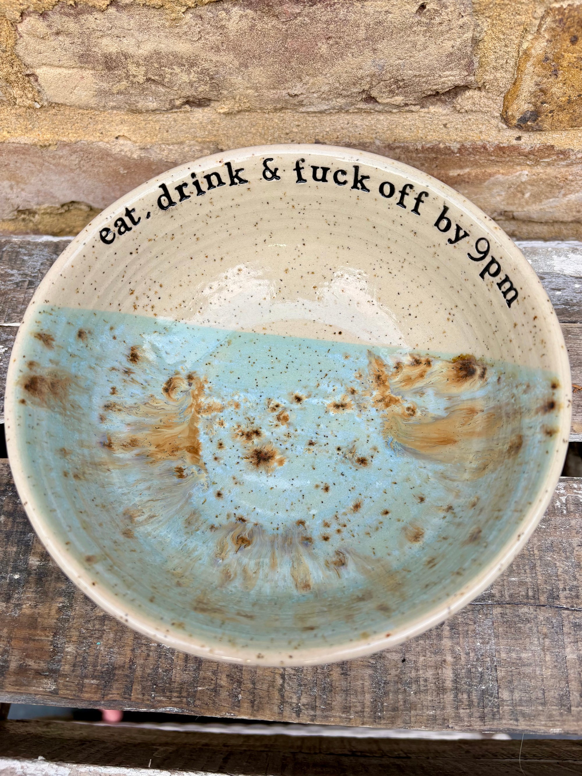 “eat, drink & fuck off by 9pm"  deep round salad/pasta bowl (mint choc chip, flecked clay)