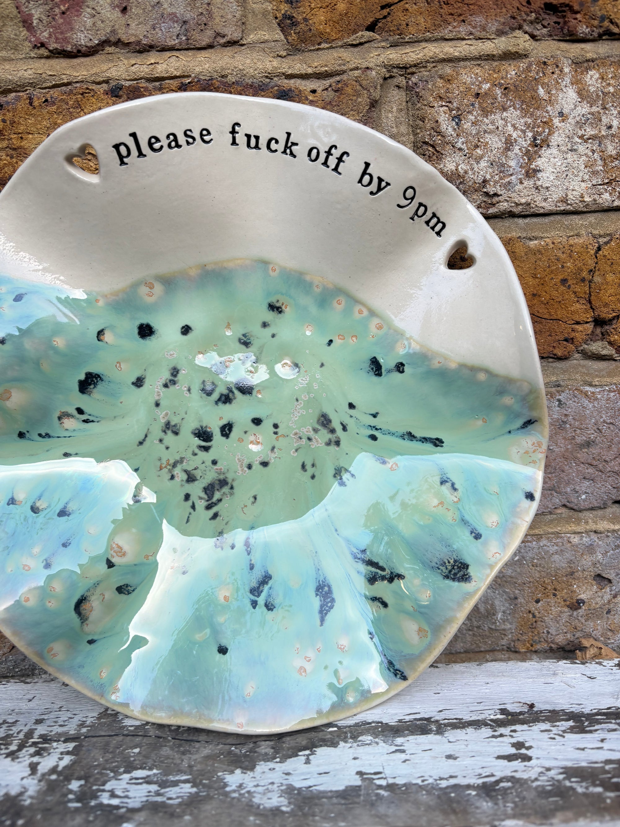 "good food, fine wine, great company..." salad/serving dish (creamy mint green)