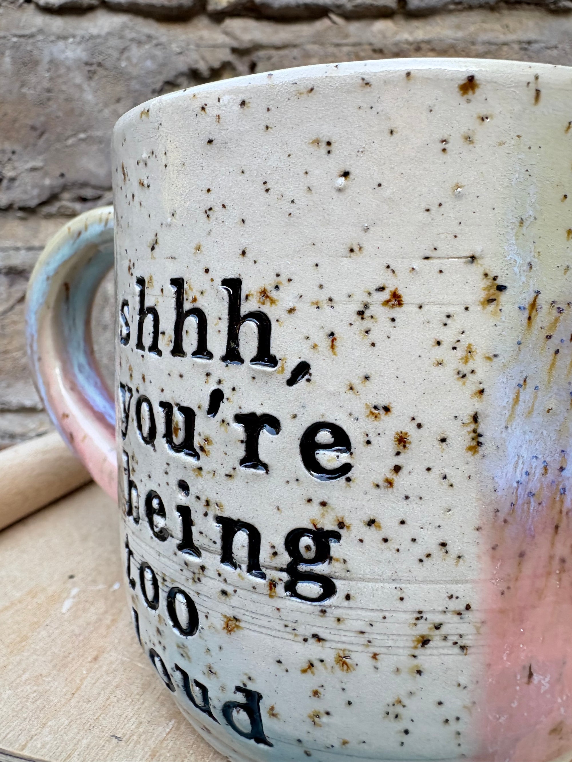 "shhh...you're being too loud" mug (pink/lilac)