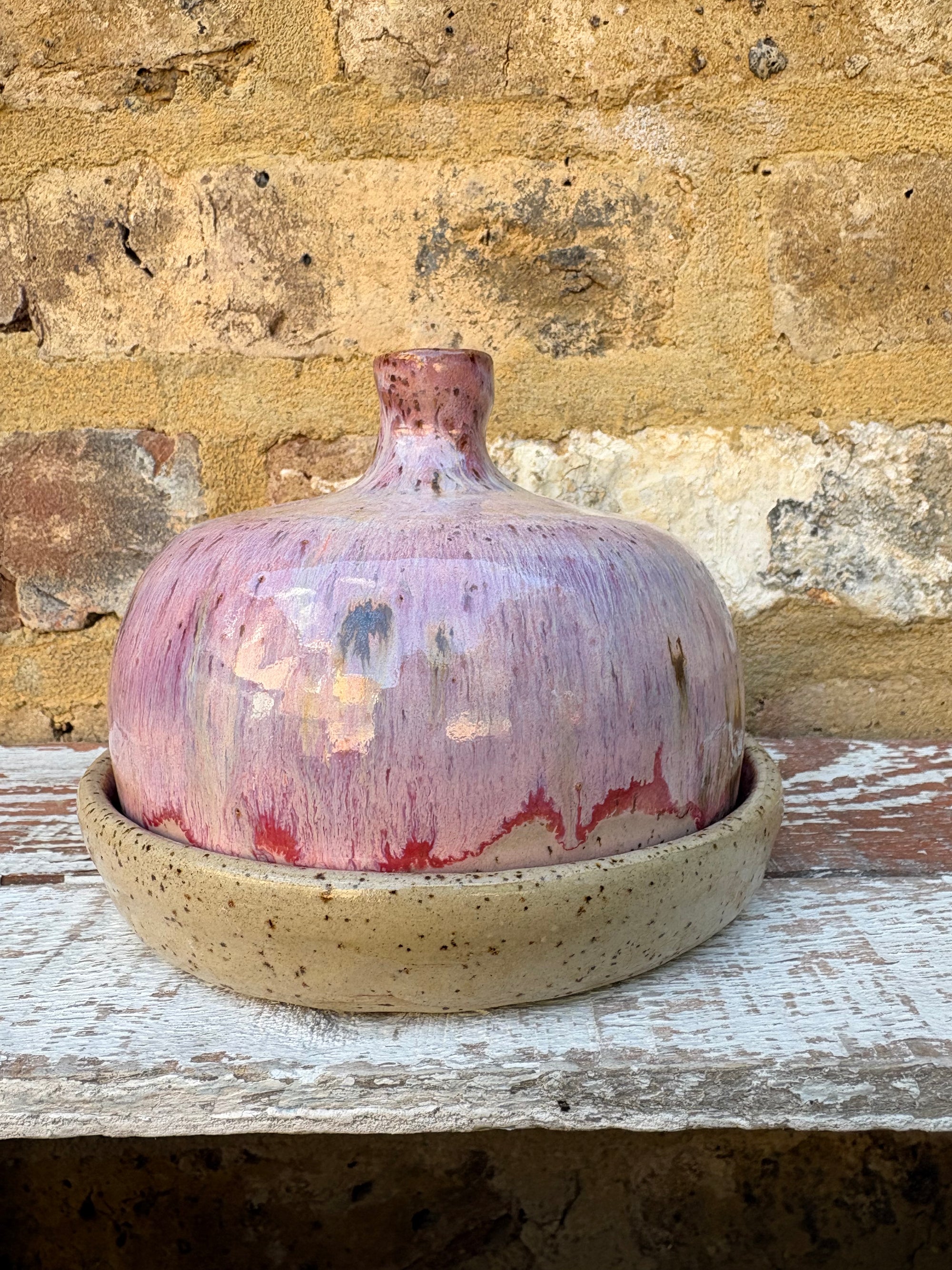Butter Dish (butter slut, pink wood, flecked clay, knob)