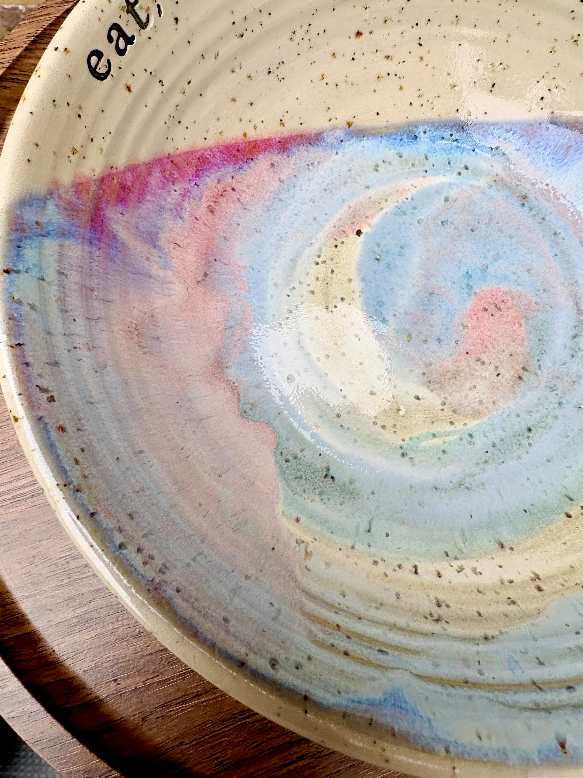 “eat, drink and fuck off by 9pm" round salad/pasta bowl (pastels, flecked clay)