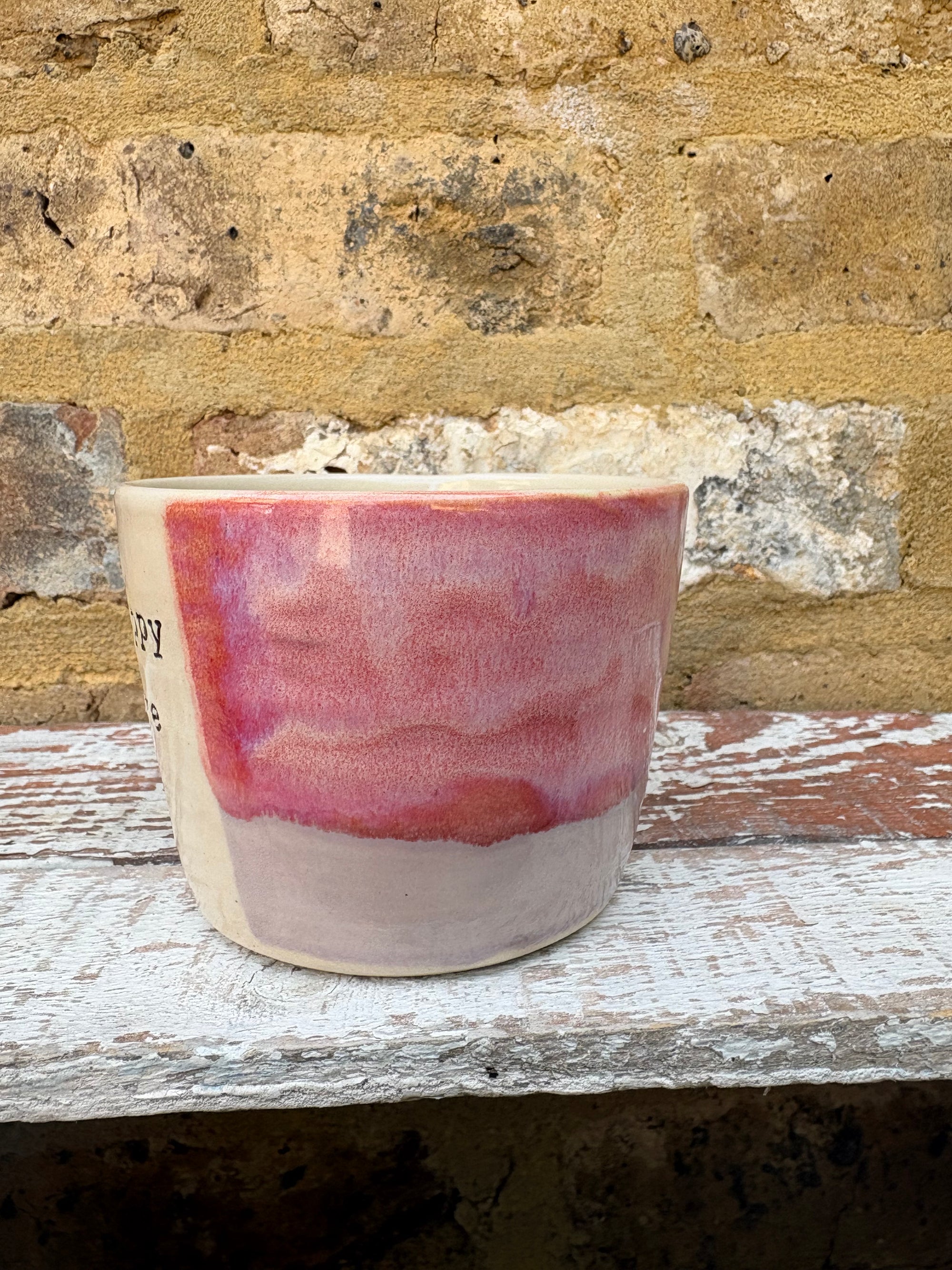 "really happy to be here” "what a bunch of cunts" mug (pink/lilac)