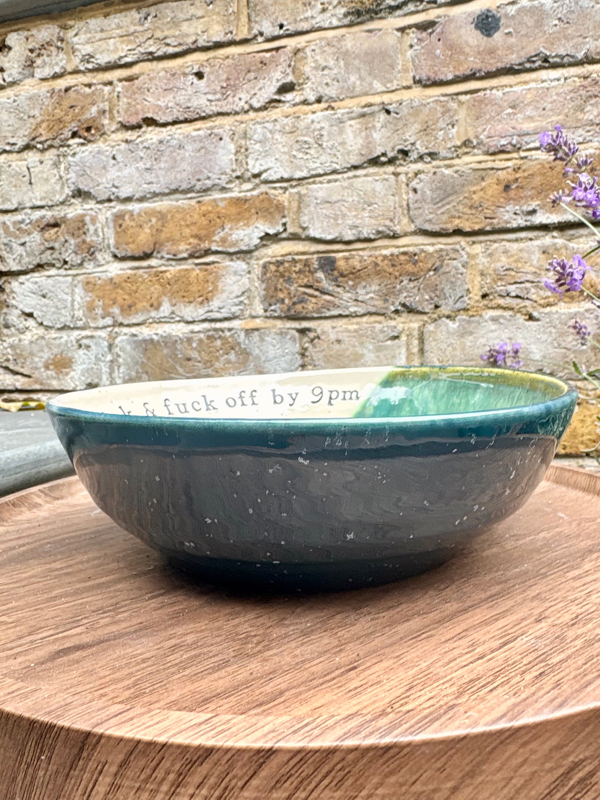 “eat, drink and fuck off by 9pm" round pasta/salad/serving bowl (green, cream clay)