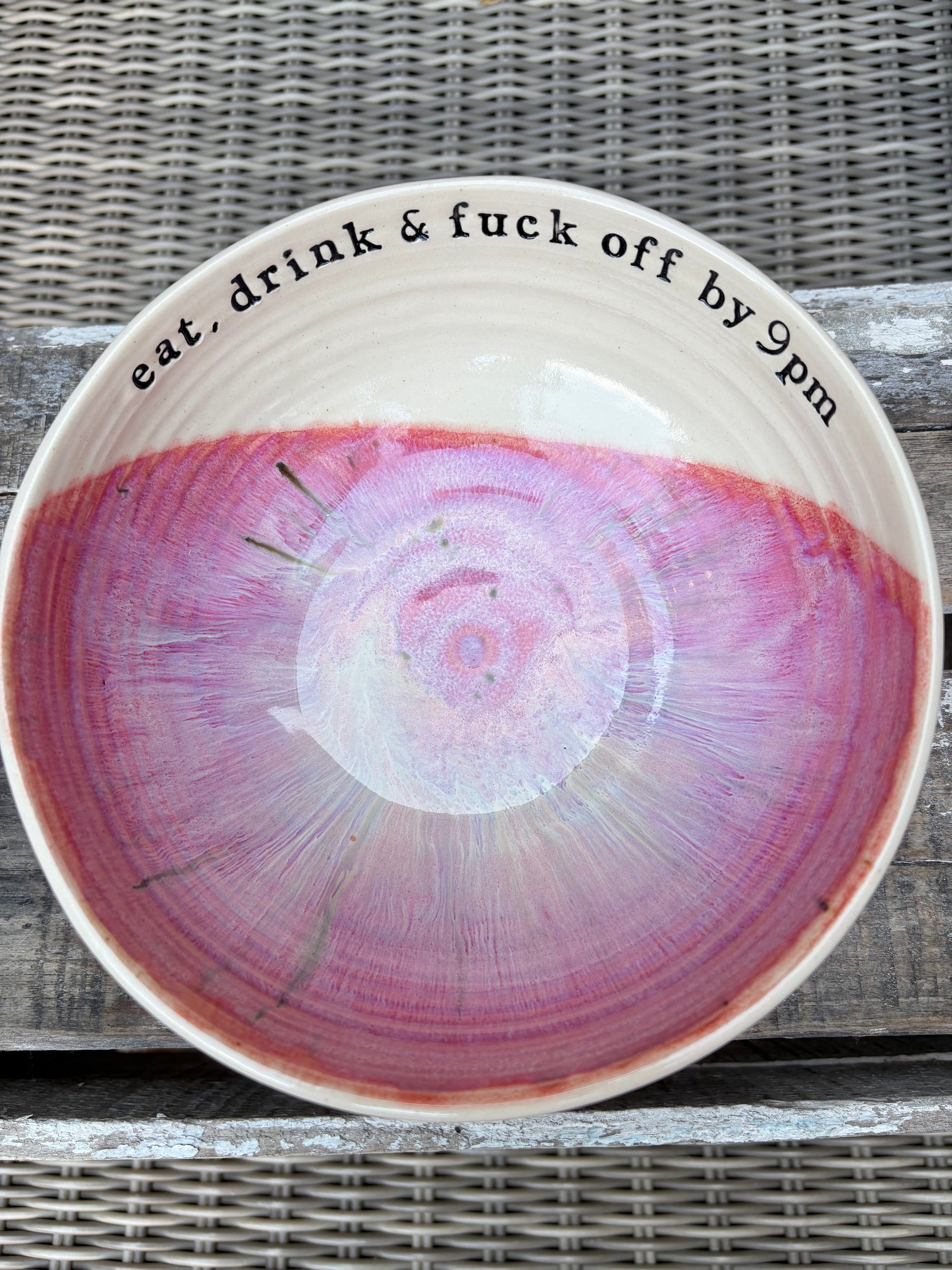 “eat, drink and fuck off by 9pm"  deep round salad/pasta bowl (lilac/pink, cream clay)