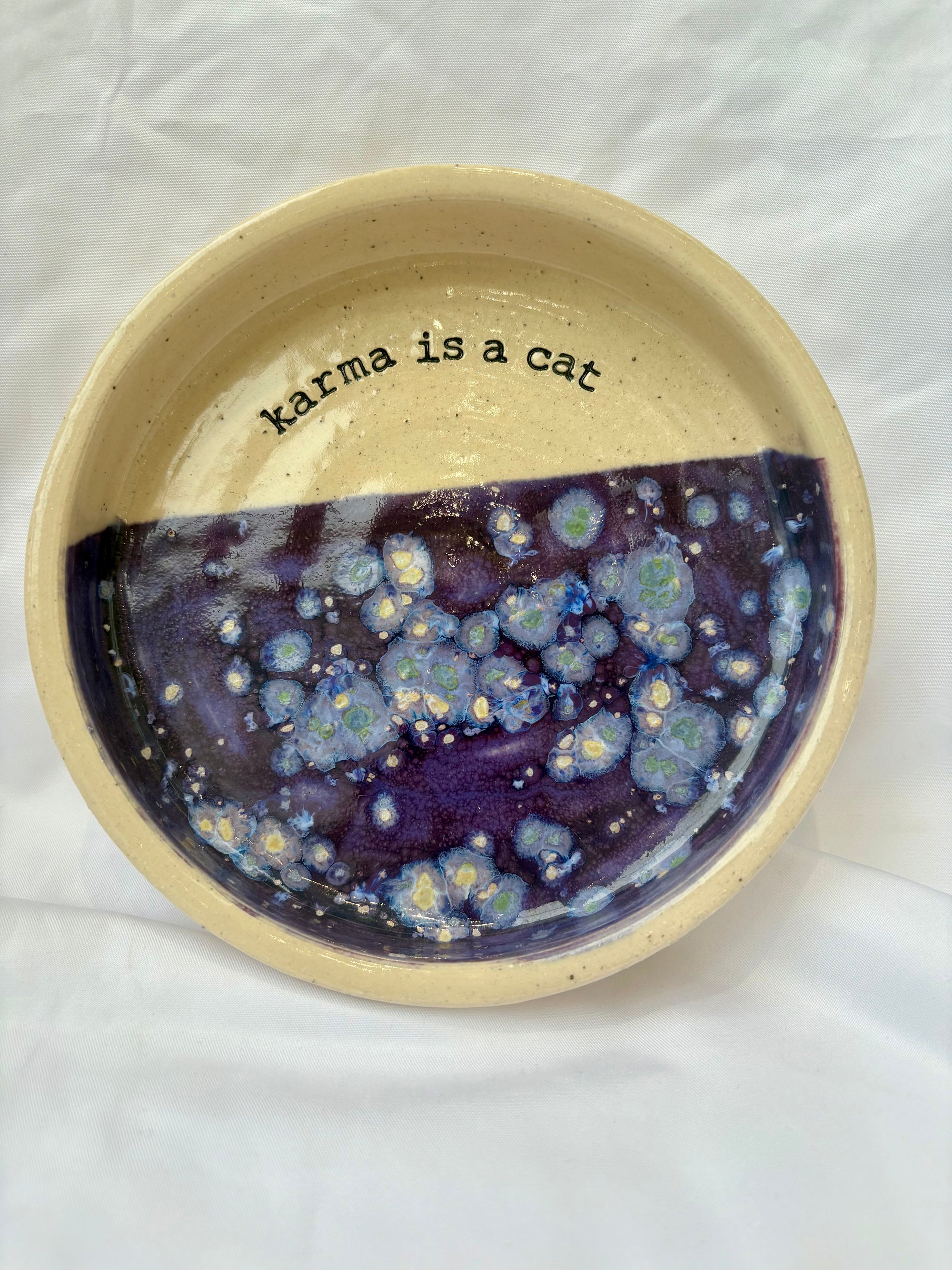 “karma is a cat” cat bowl (large purple)