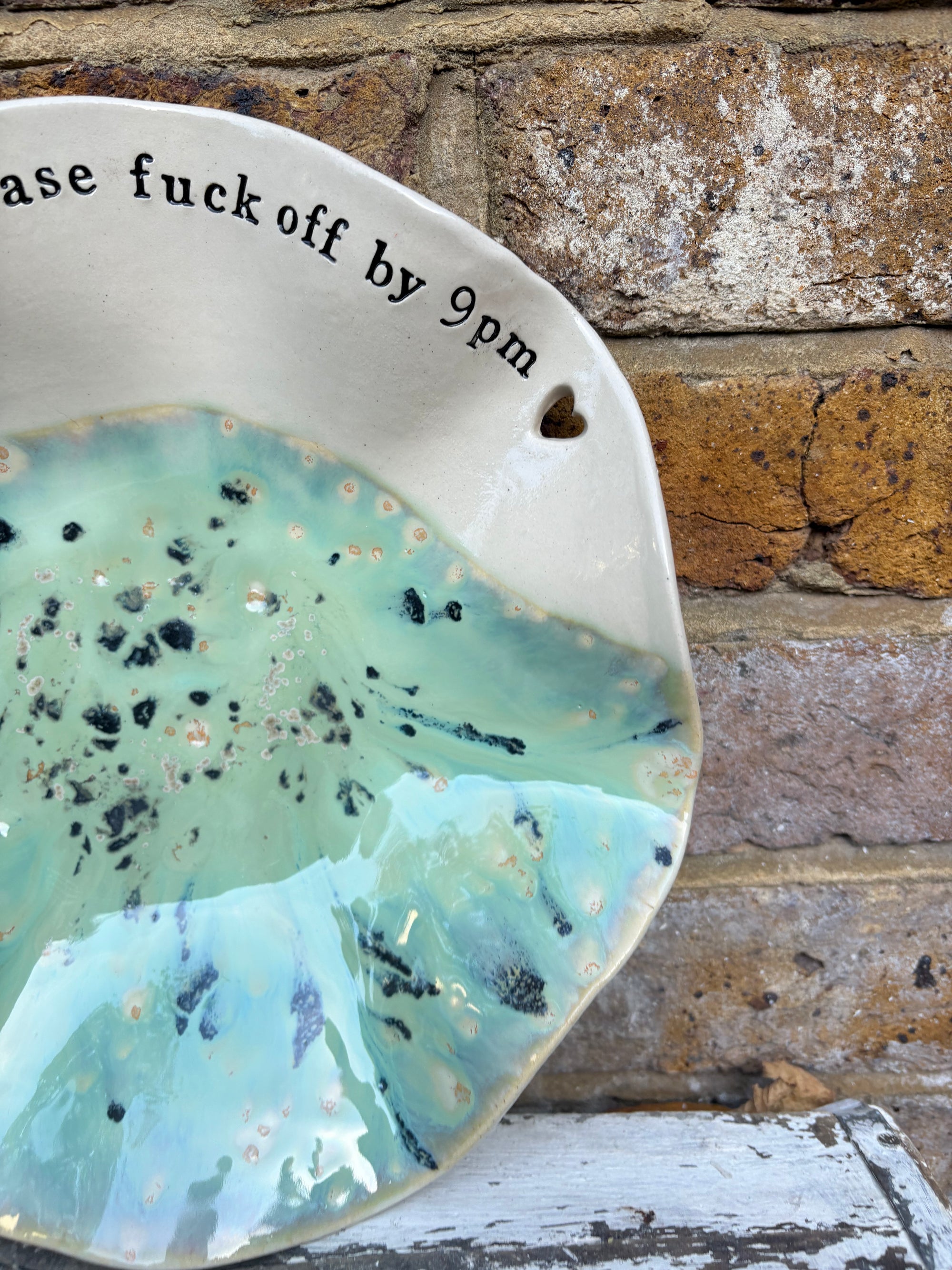 "good food, fine wine, great company..." salad/serving dish (creamy mint green)