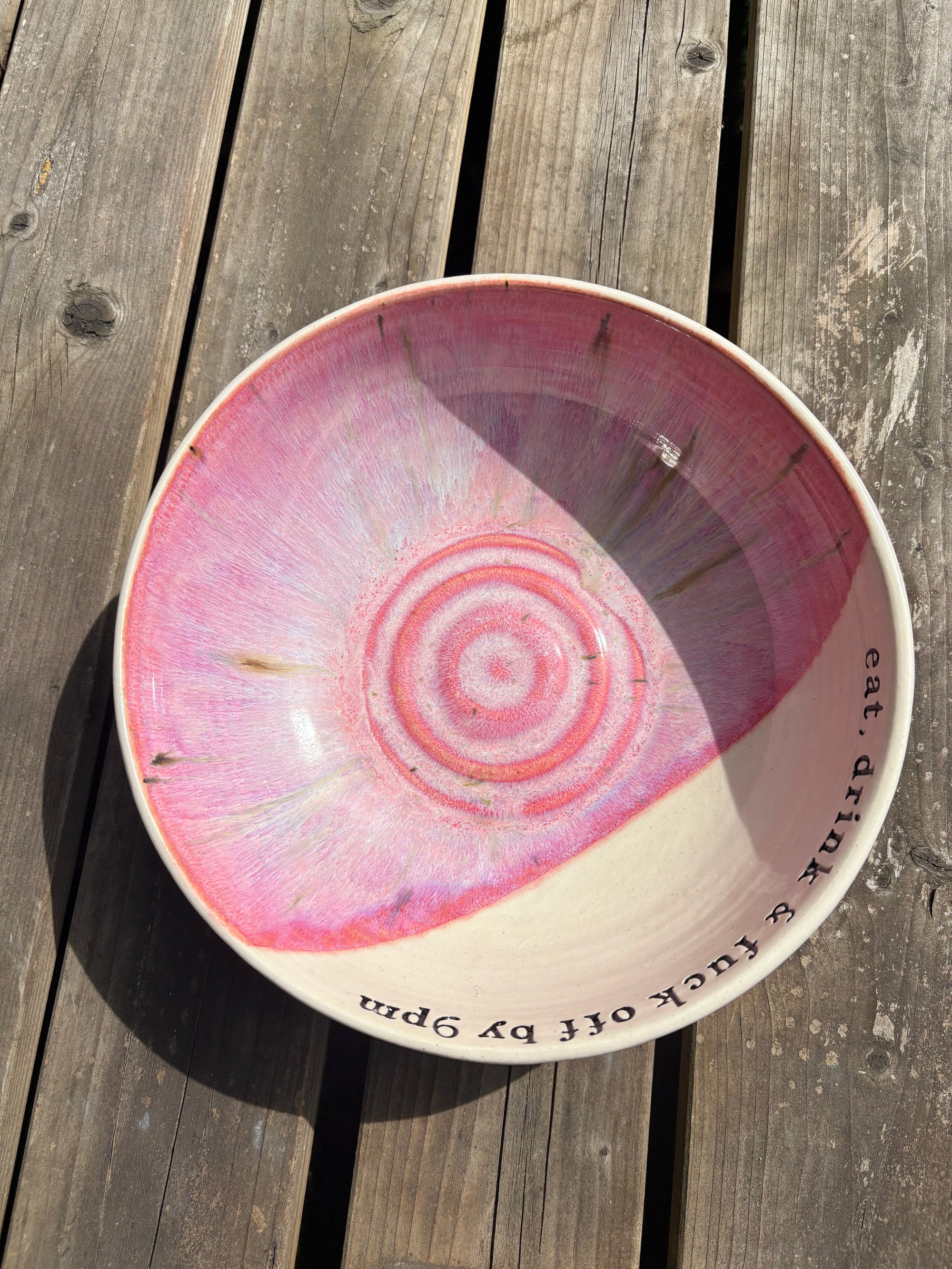 “eat, drink and fuck off by 9pm" round salad/pasta bowl (pink, cream clay, second)