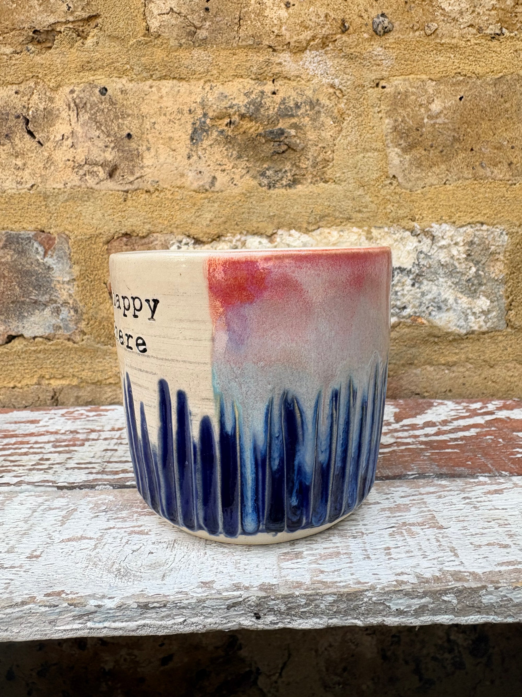 "really happy to be here” "what a bunch of cunts" mug (pink night sky, grooves)