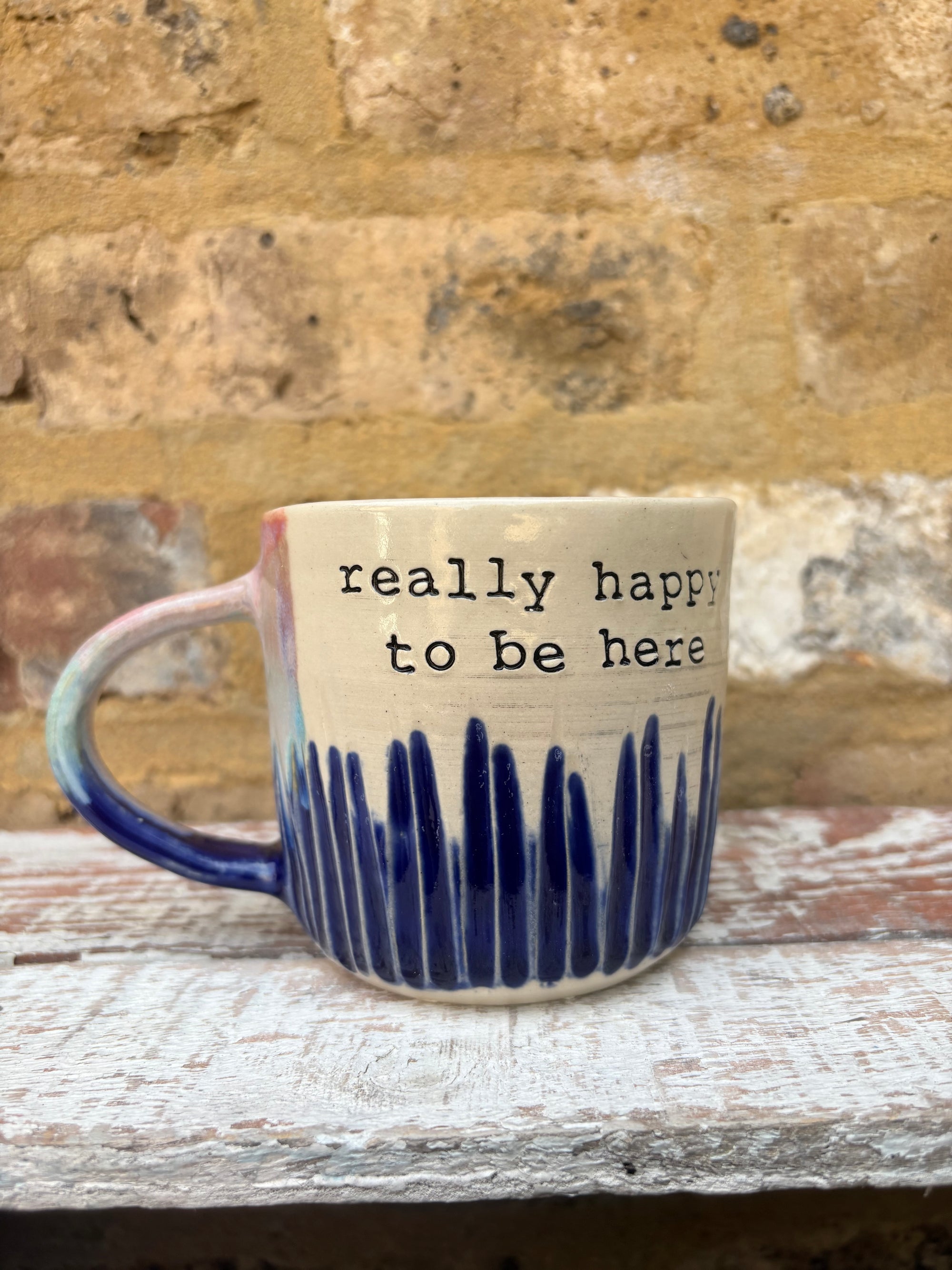 "really happy to be here” "what a bunch of cunts" mug (pink night sky, grooves)