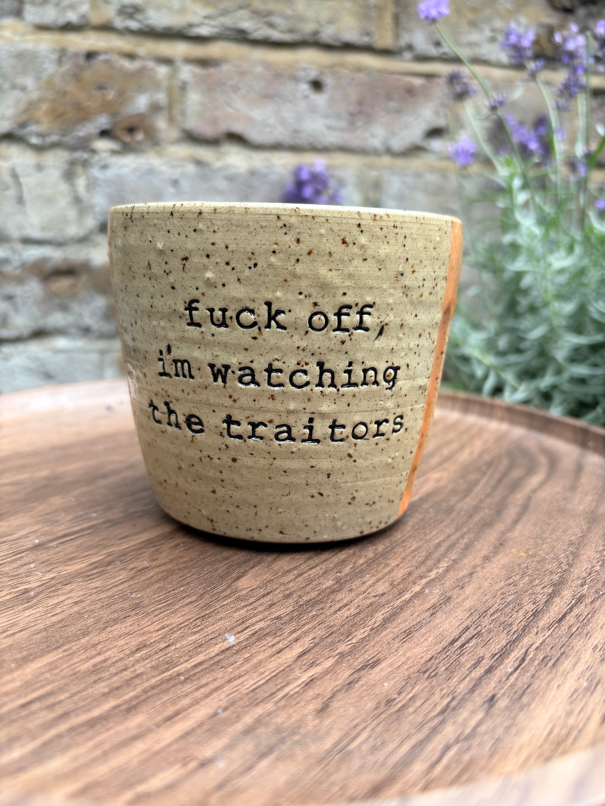 "fuck off, i'm watching the traitors" mug (no handle/orange/grooves, 300ml)