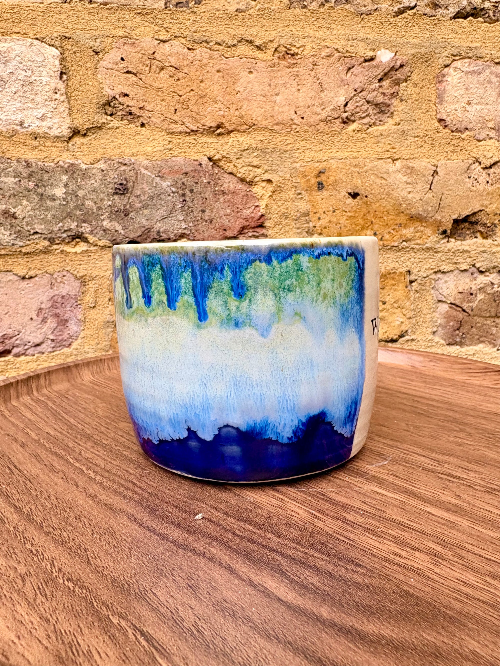 “What” “the fuck” mug (cream, blue/green)