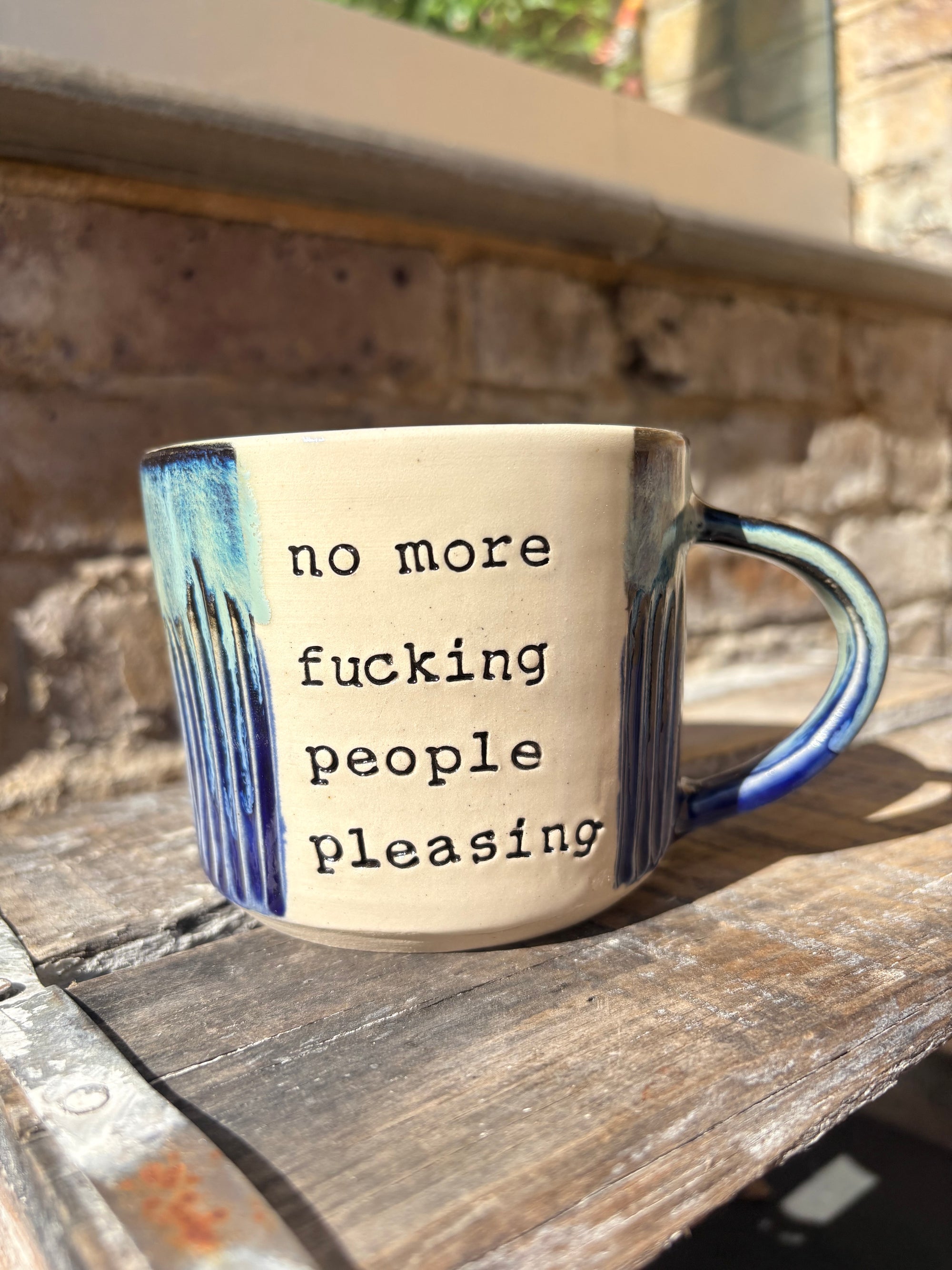 “No more fucking people pleasing" "if that’s okay with you" mug (blue shore)