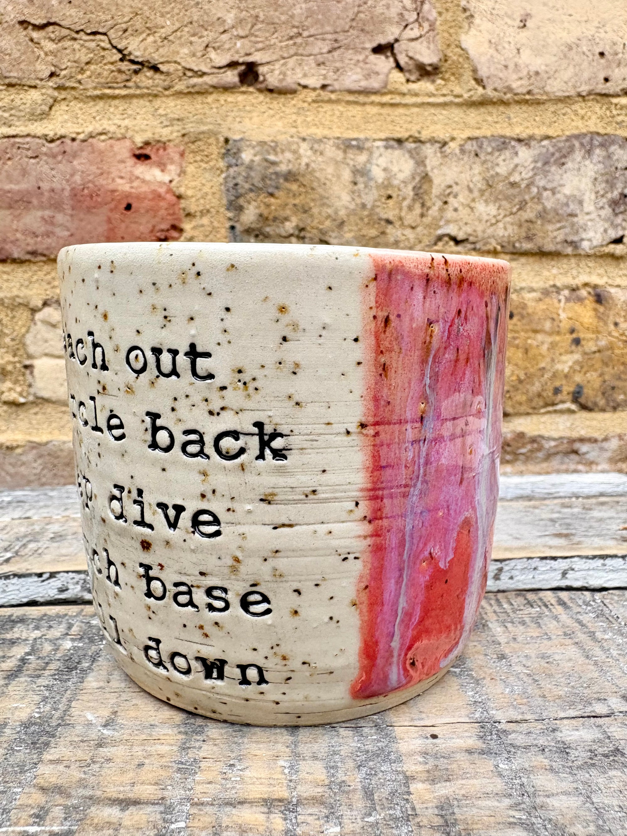 "reach out circle back deep dive touch base drill down” mug (pink)