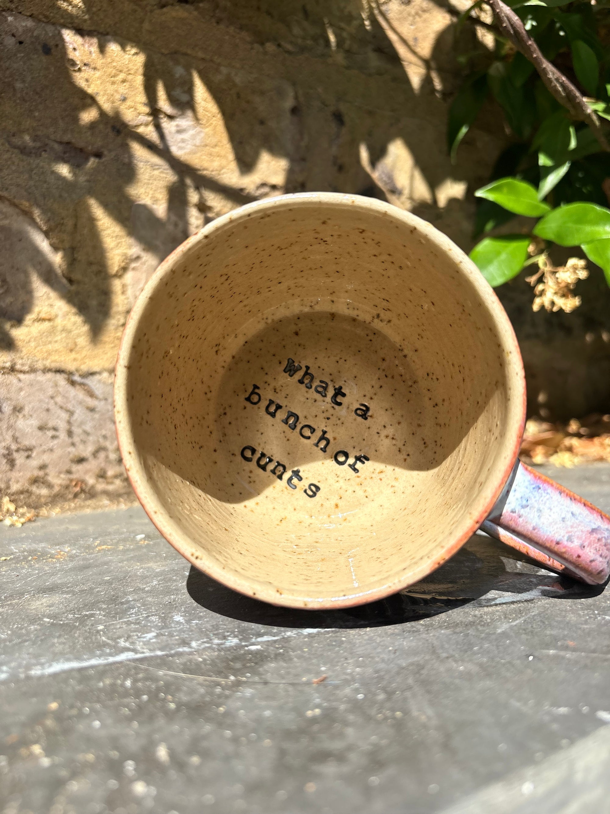 "really happy to be here” "what a bunch of cunts" mug (pink/ blue grooves, 340ml)