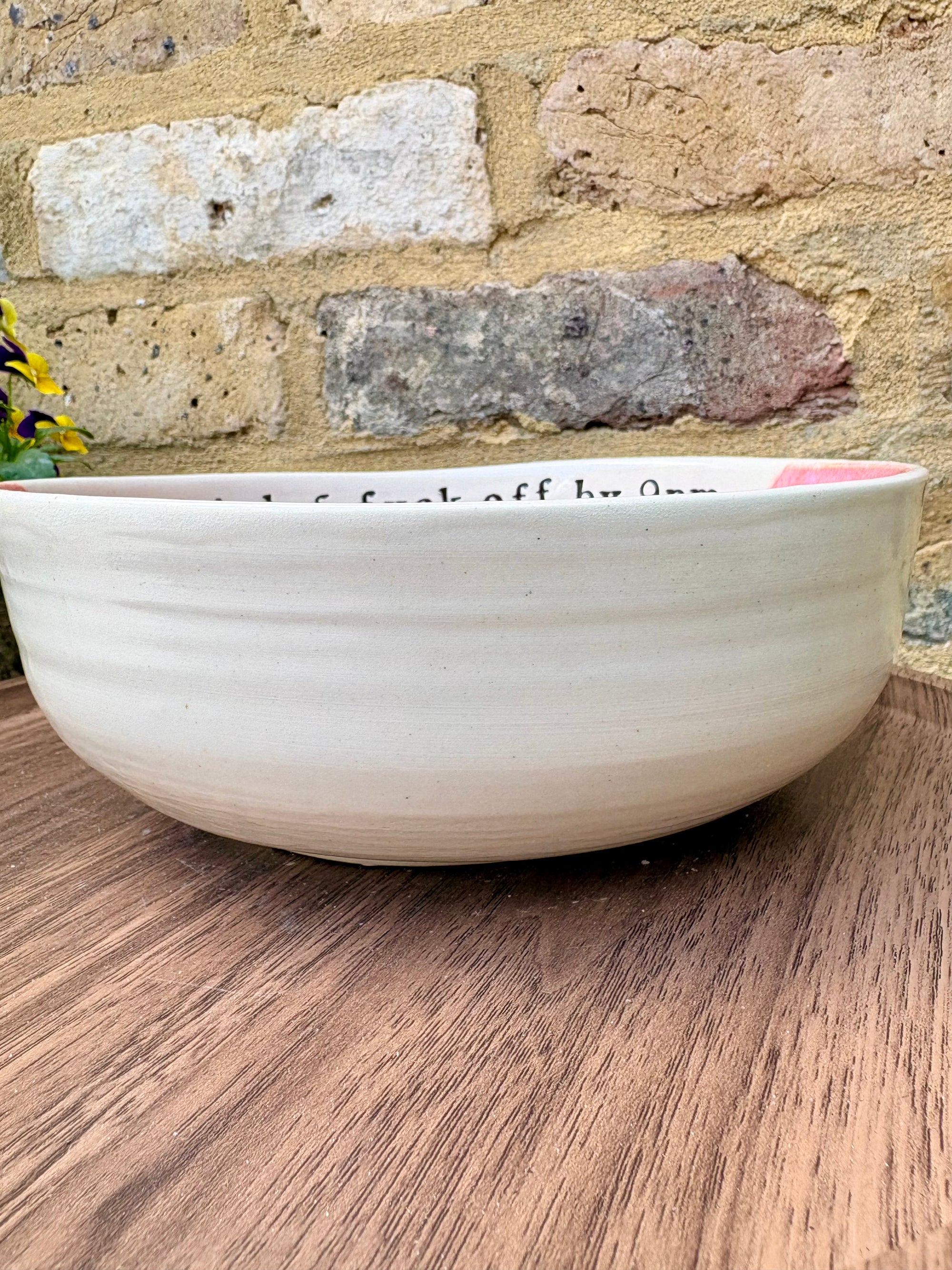 “eat, drink and fuck off by 9pm" round salad/pasta bowl (pink, cream clay, second)