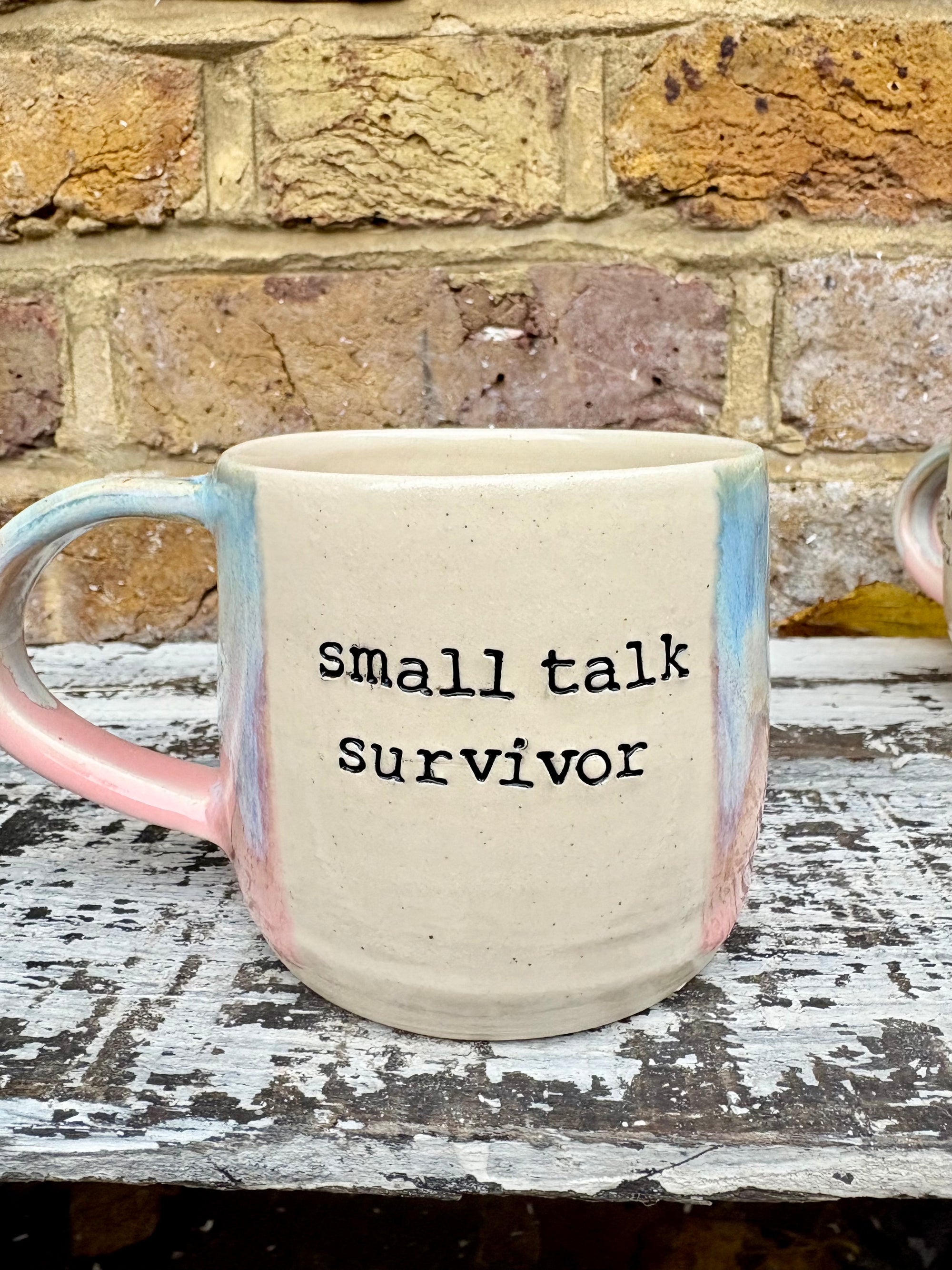 Small Talk Survivor mug (pinks and blue)
