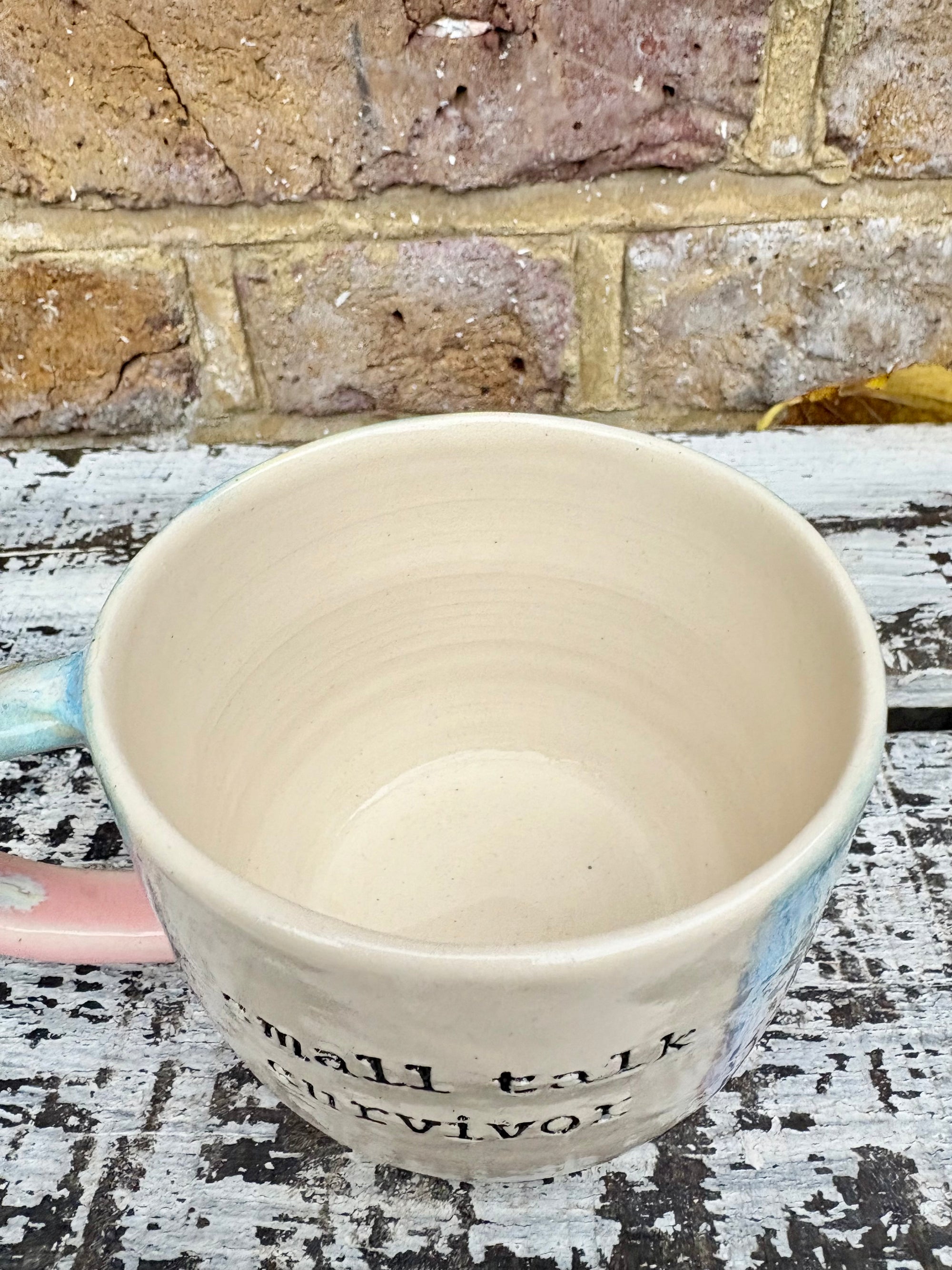 Small Talk Survivor mug (pinks and blue)