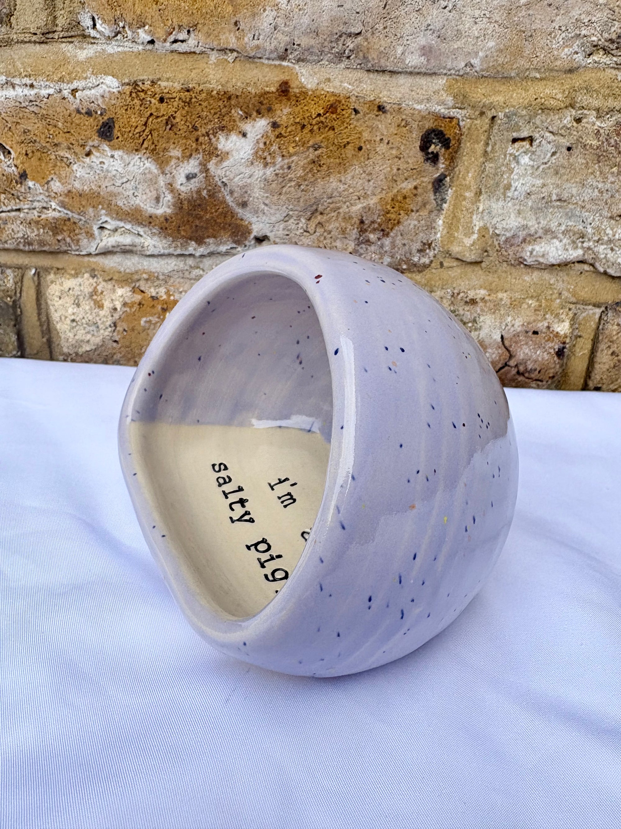 "I'm a salty piggy" Salt Pig (wheelthrown, lilac speckle glaze)