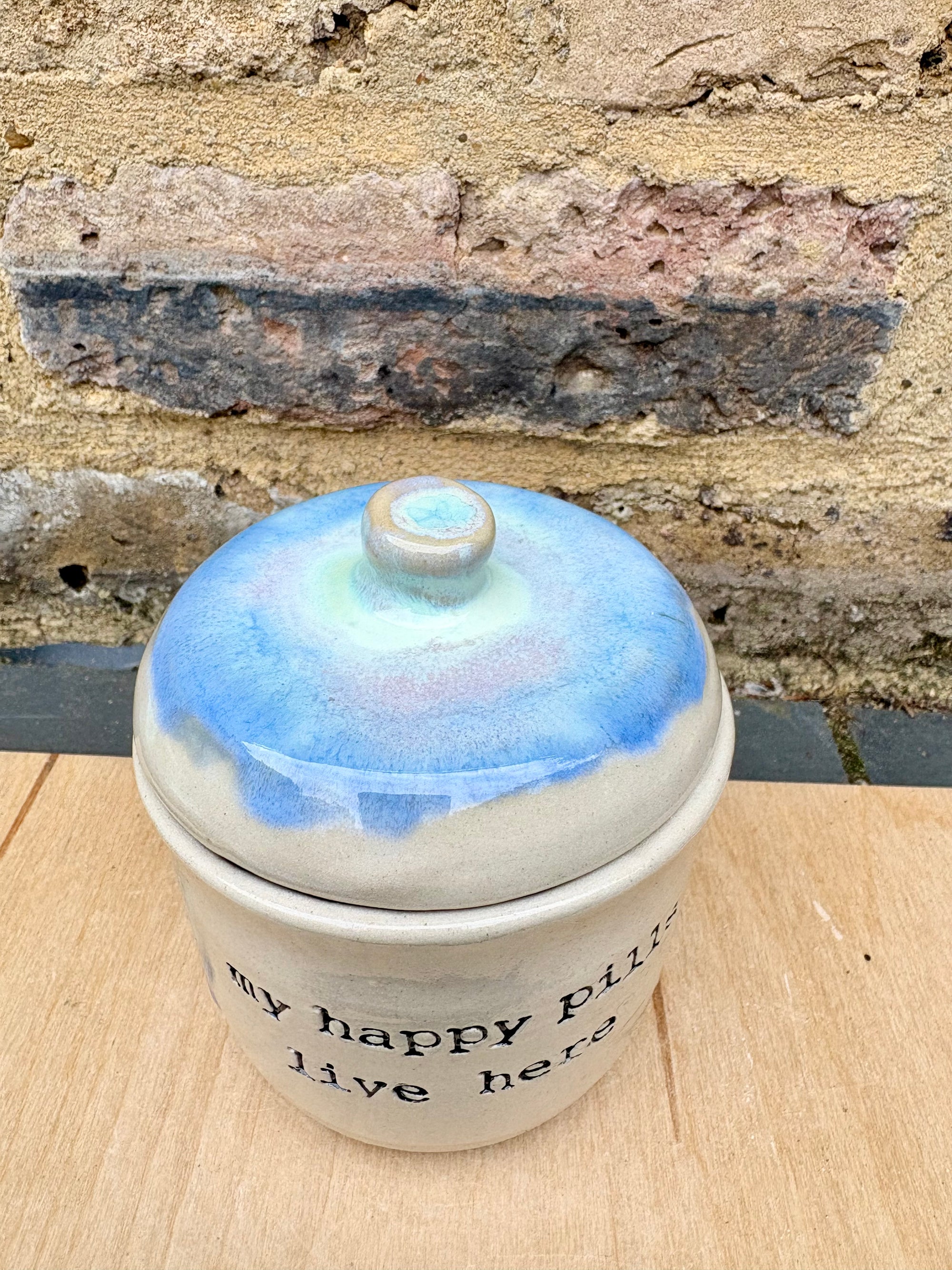 "my happy pills live here" lidded pot (oyster blue)