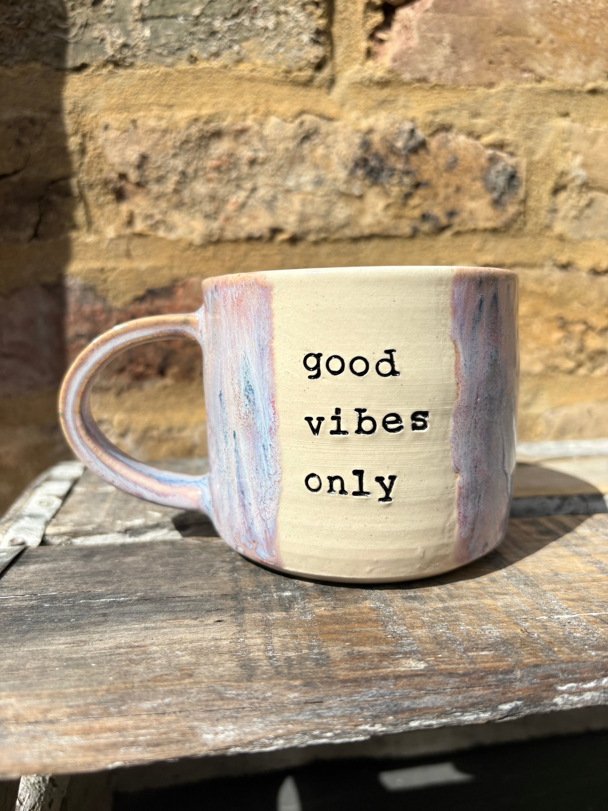 “good vibes only" "fuck off" mug (lilac)