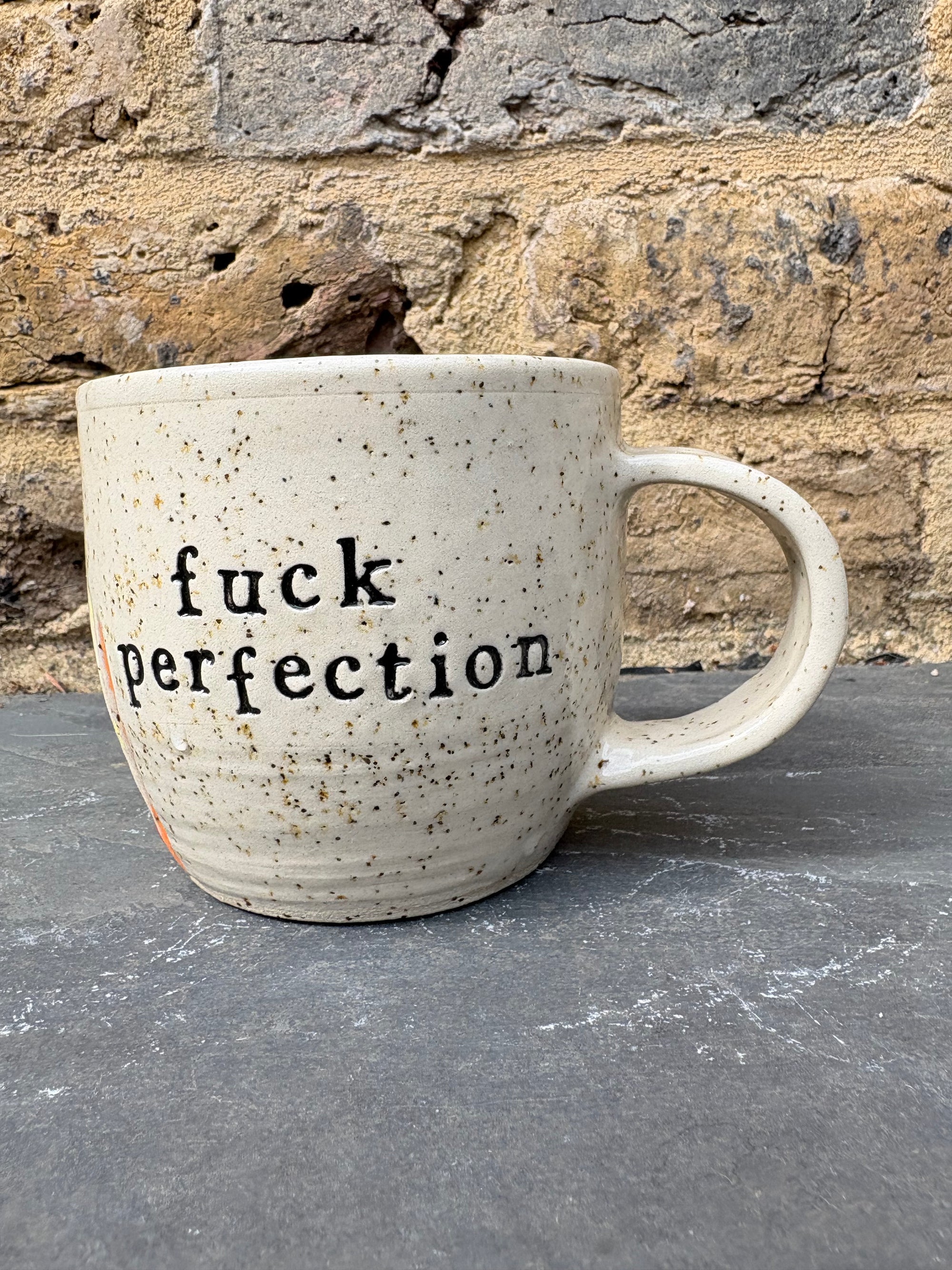 "fuck perfection" mug (rainbow stripes)