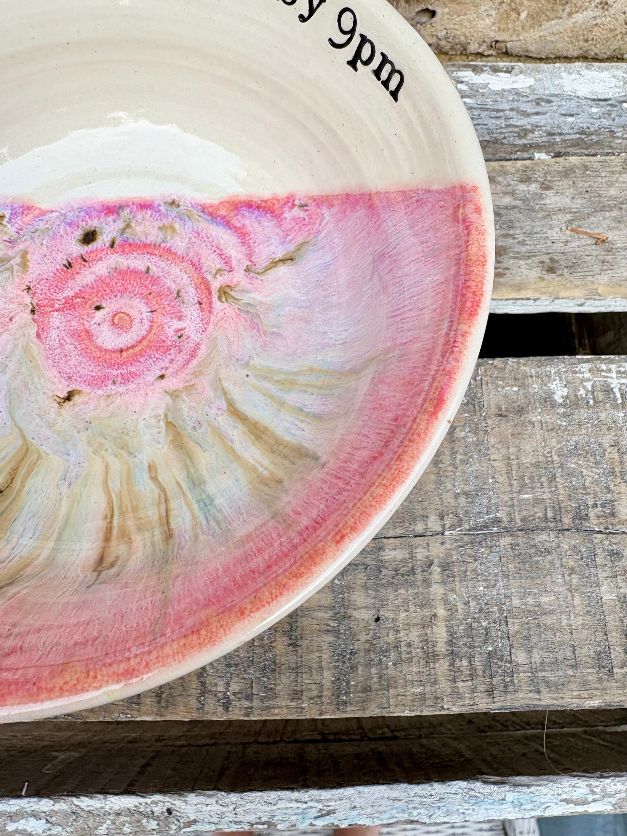 “eat, drink & fuck off by 9pm"  deep round salad/pasta bowl (pink, cream clay)