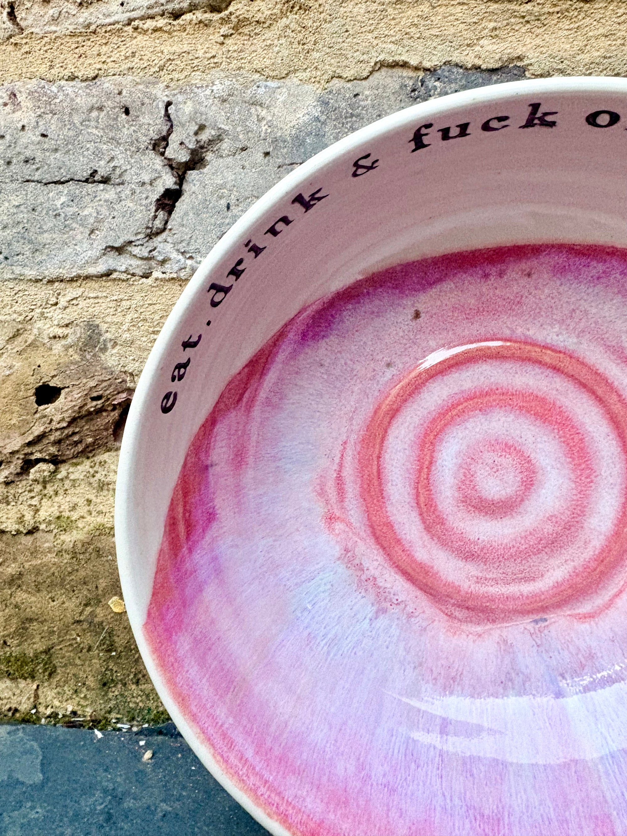 “eat, drink and fuck off by 9pm" round salad/pasta bowl (pink, cream clay)
