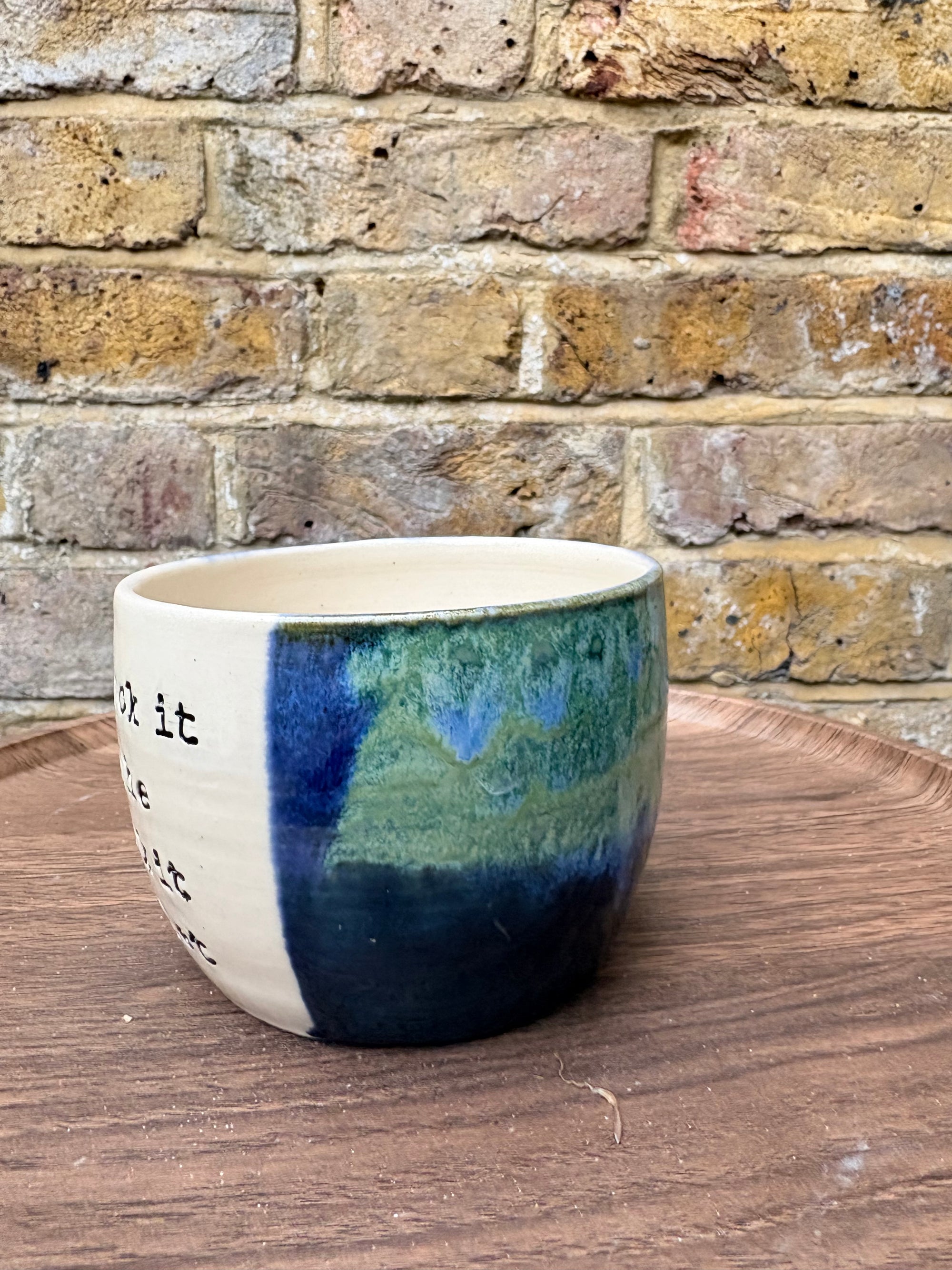 “chuck it in the fuck it bucket" mug (blues/ greens)