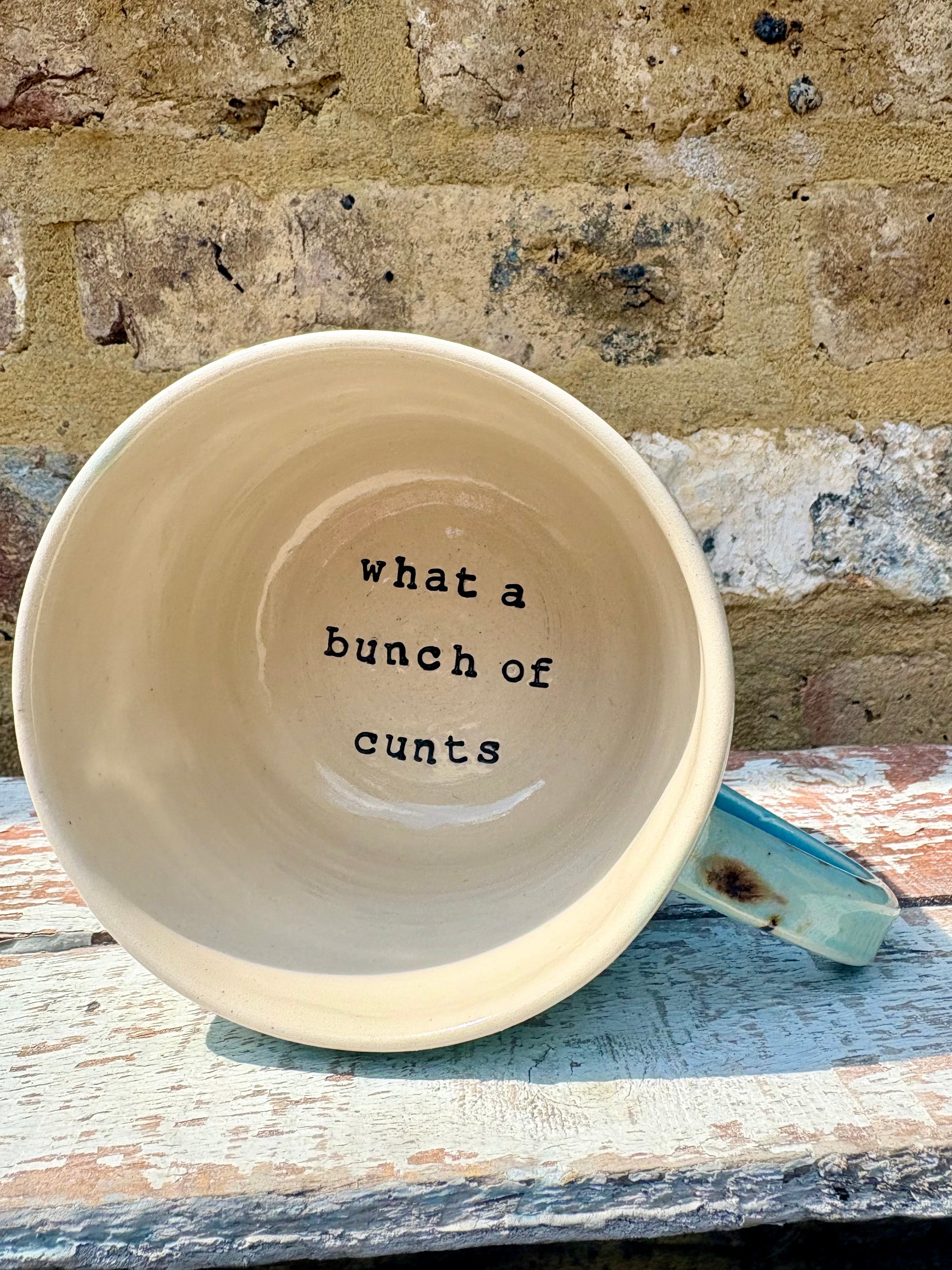 "happy to be here” "what a bunch of cunts" mug (mint)