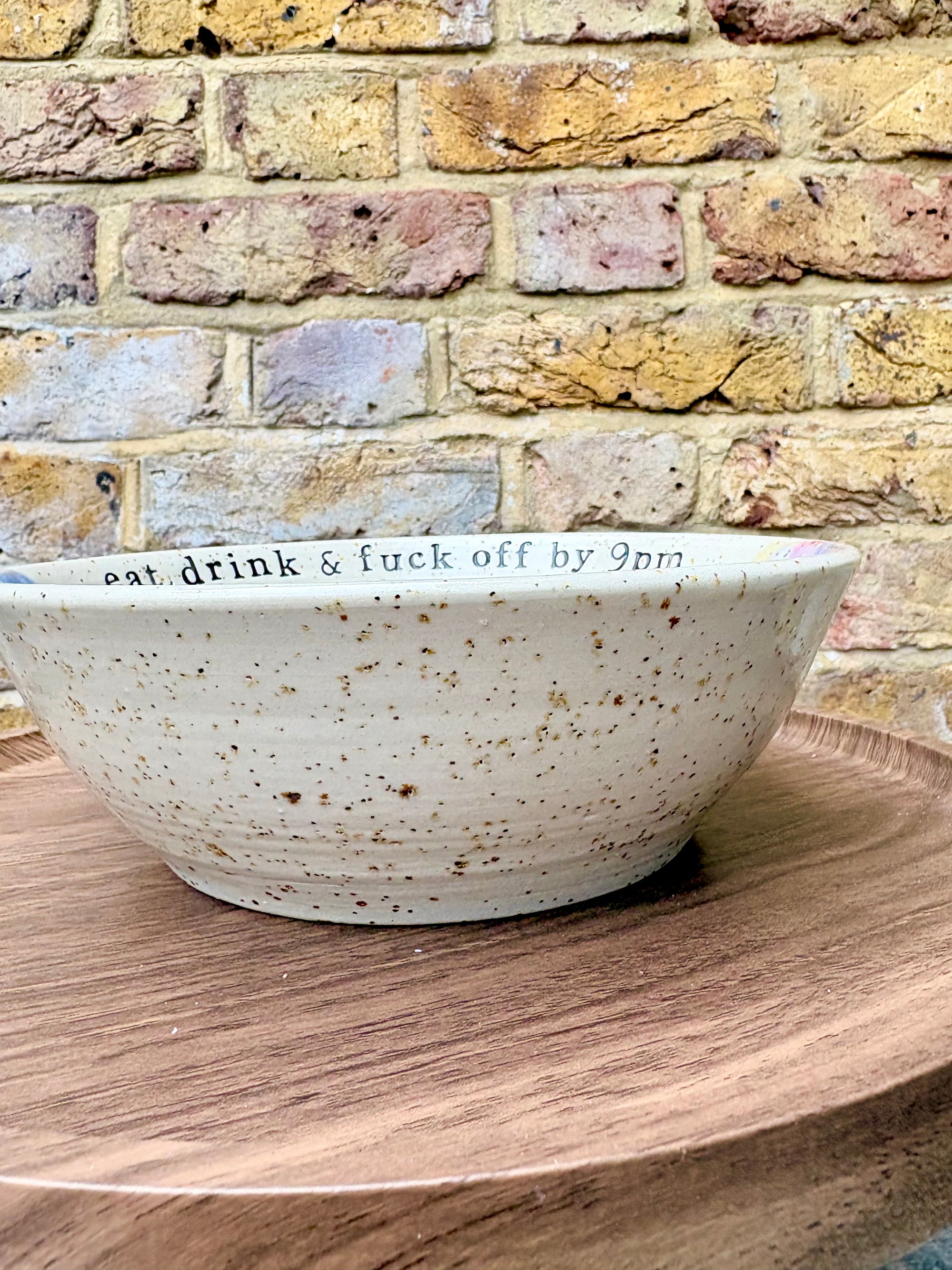 “eat, drink and fuck off by 9pm" round salad/pasta bowl (pastels, flecked clay)
