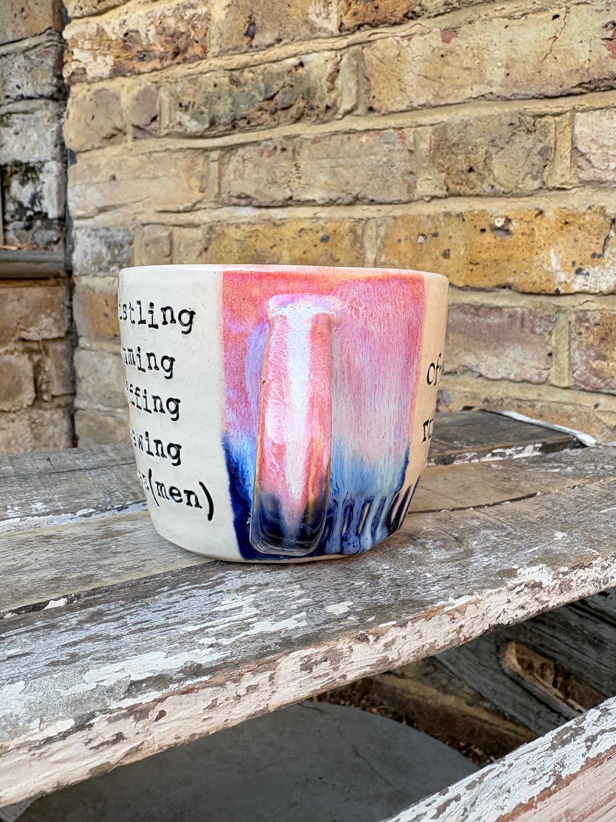 "office rules” "no whistling no humming no sniffing no chewing no toes (men)" mug (pink/blue, 300ml)