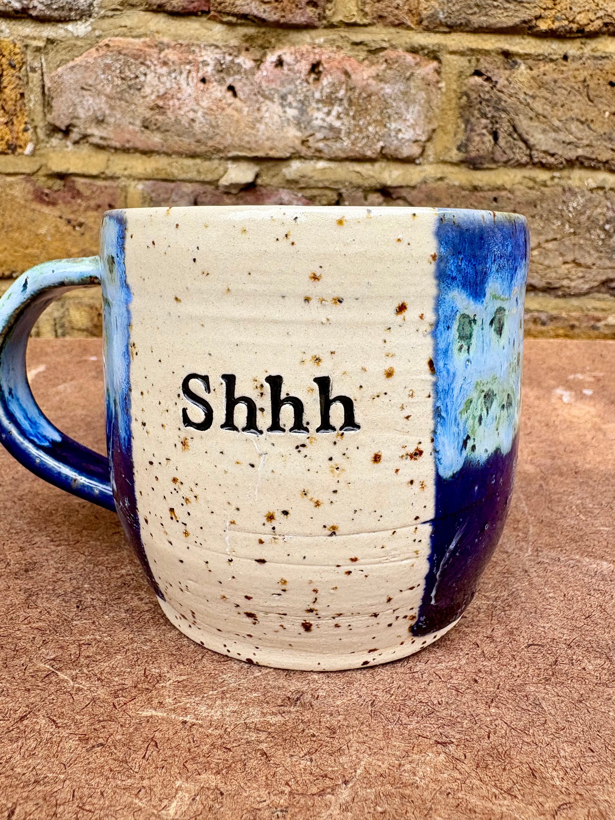 "shhh" mug (Blue and Green Speckle)