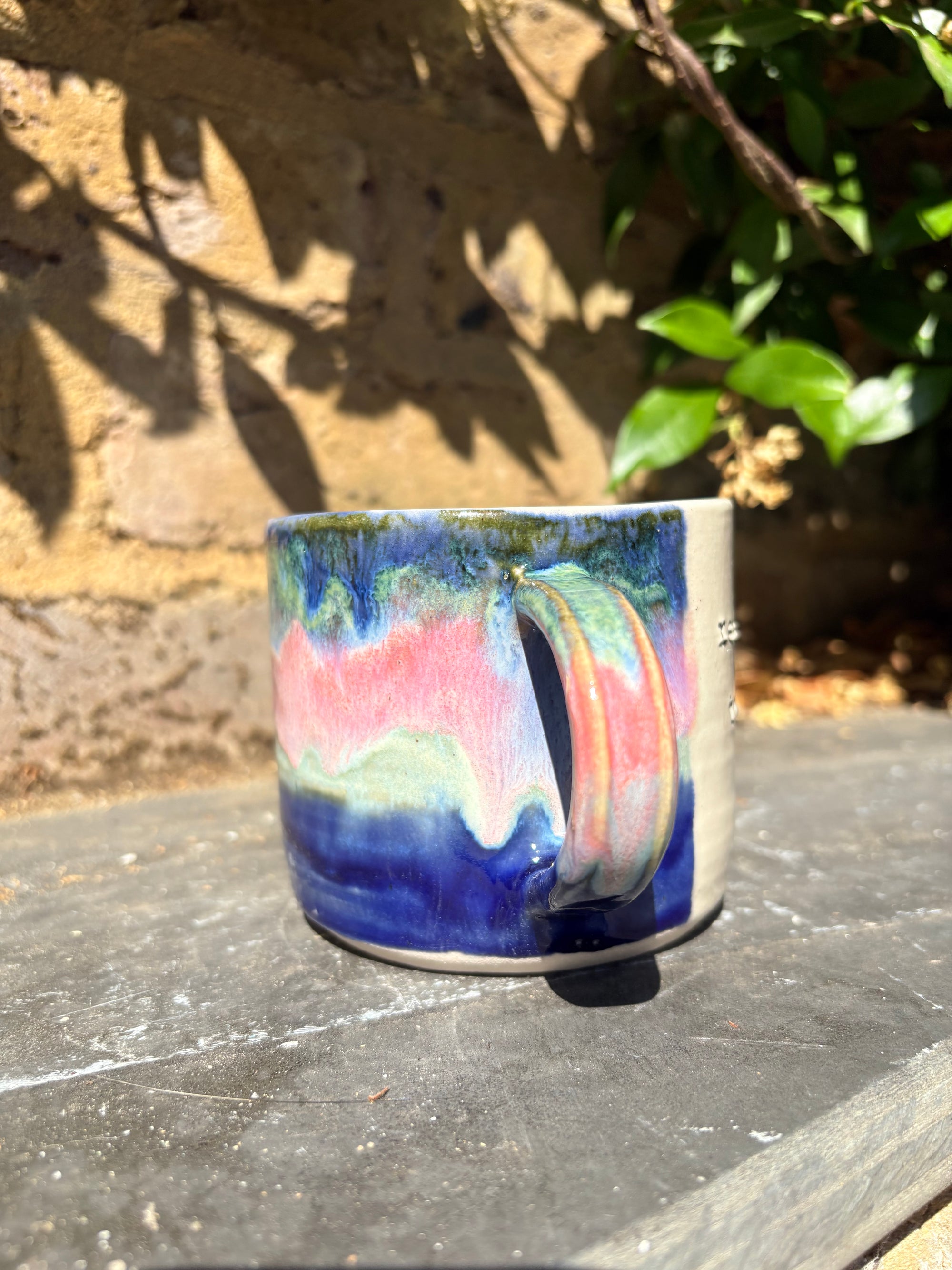 "really happy to be here” "what a bunch of cunts" mug (pink night sky, 325ml)