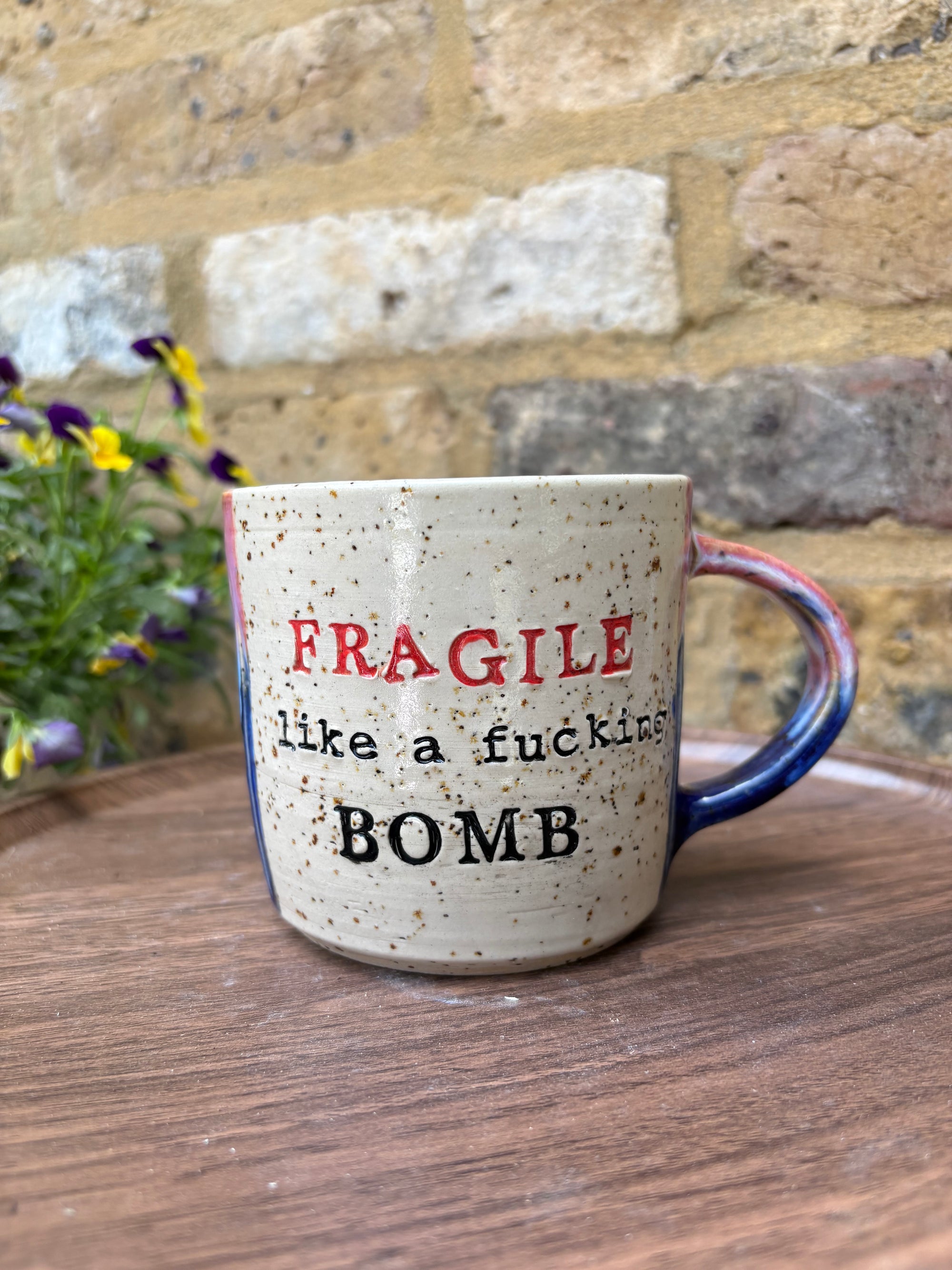 "FRAGILE like a fucking bomb" mug (pink/ blue/ red fragile)