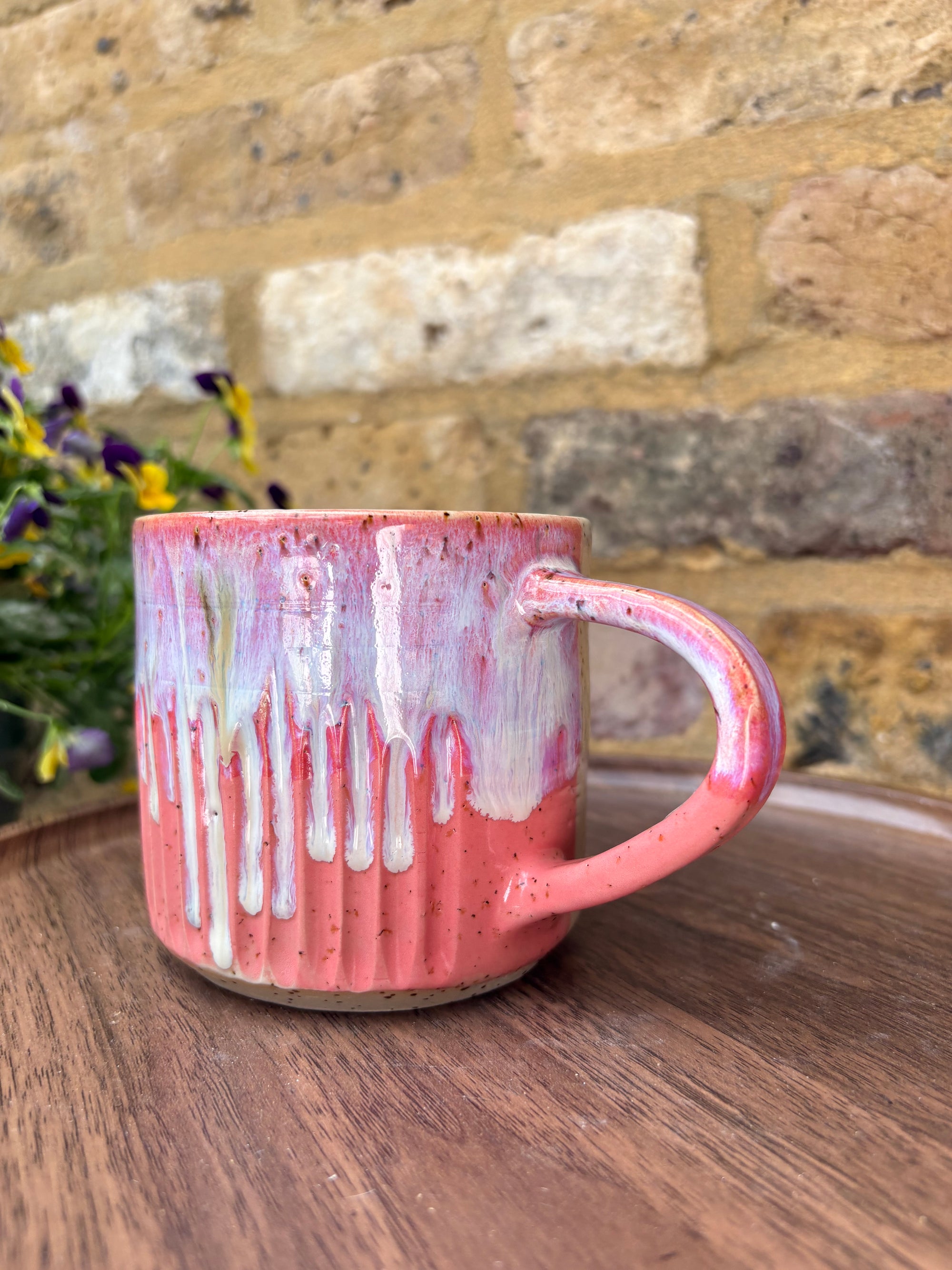 "FRAGILE like a fucking bomb" mug (pink, flecked, red FRAGILE)