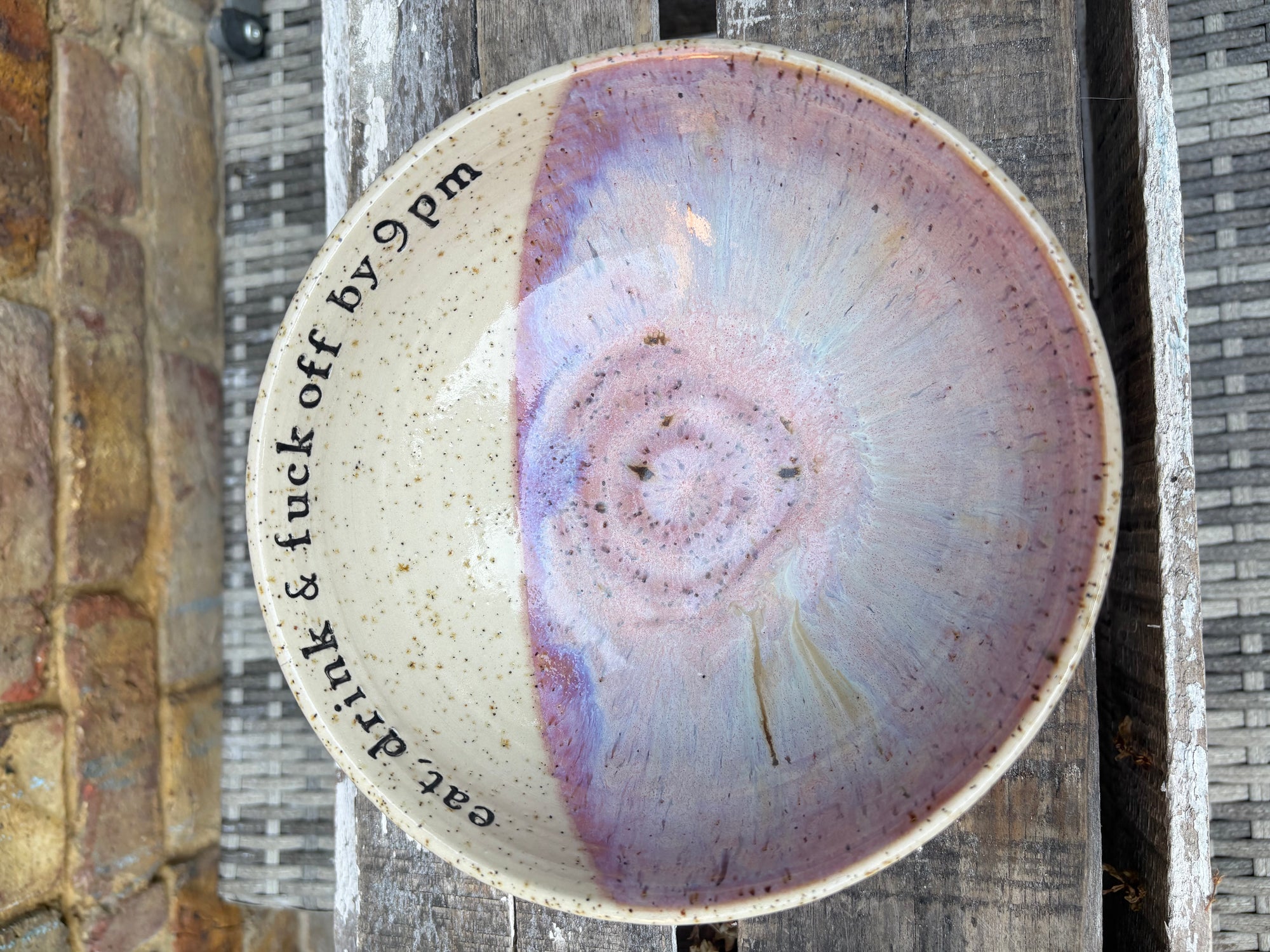 “eat, drink and fuck off by 9pm"  deep round salad/pasta bowl (lilac, flecked clay)