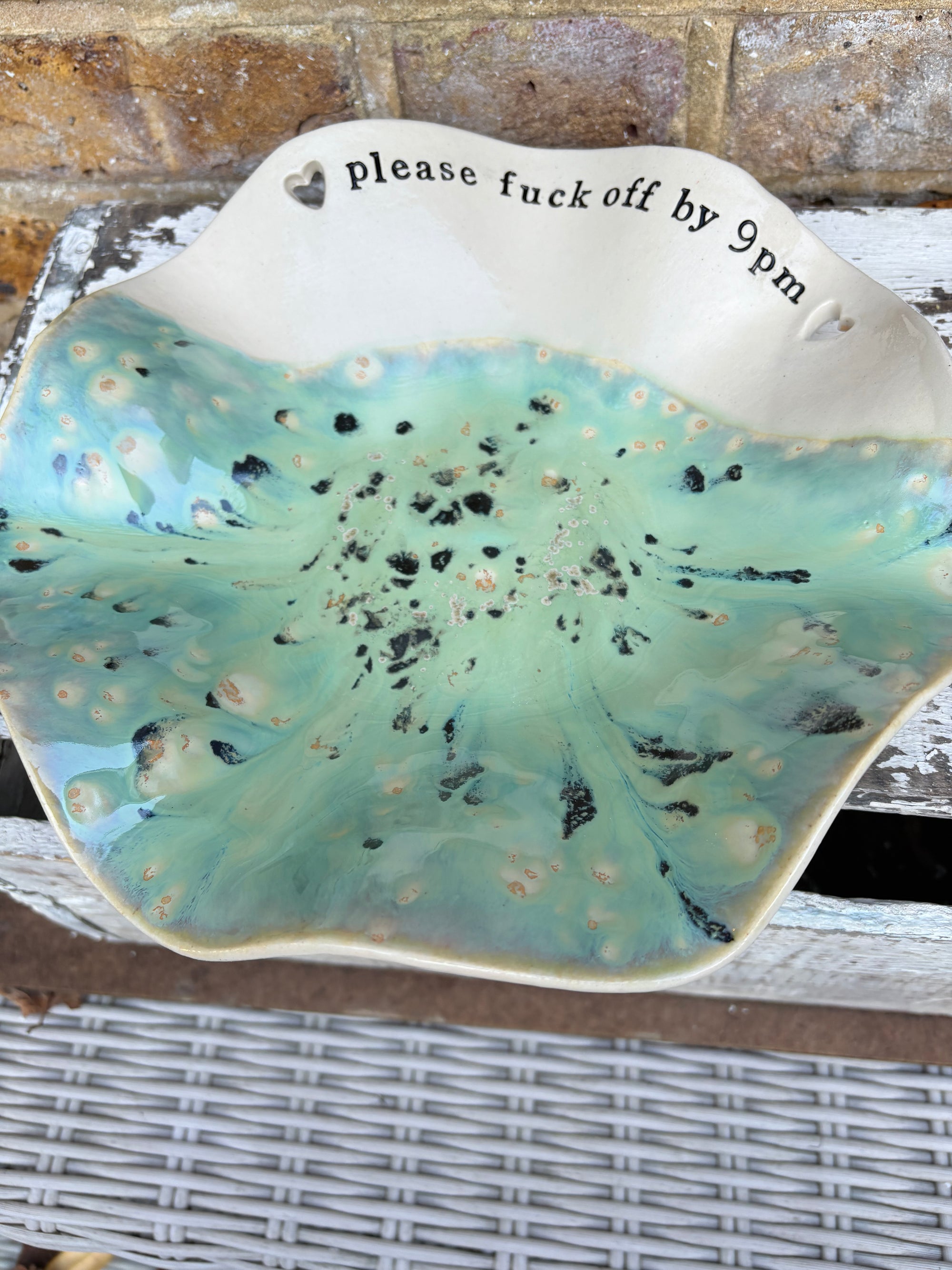 "good food, fine wine, great company..." salad/serving dish (creamy mint green)